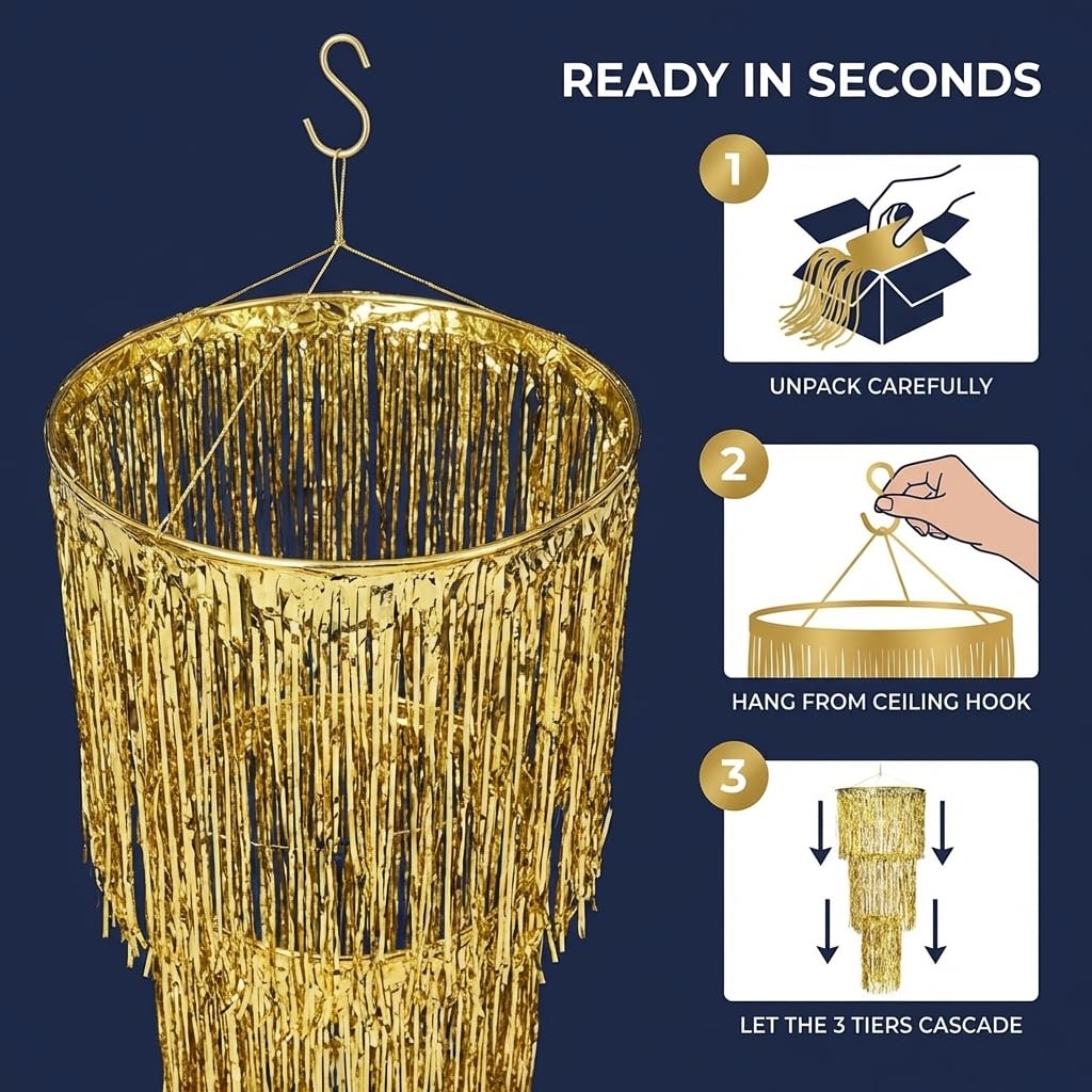 Anderson's Gold 3-Tier Fringe Chandelier Wedding Decoration, 16 Inches x 48 Inches - Image 7