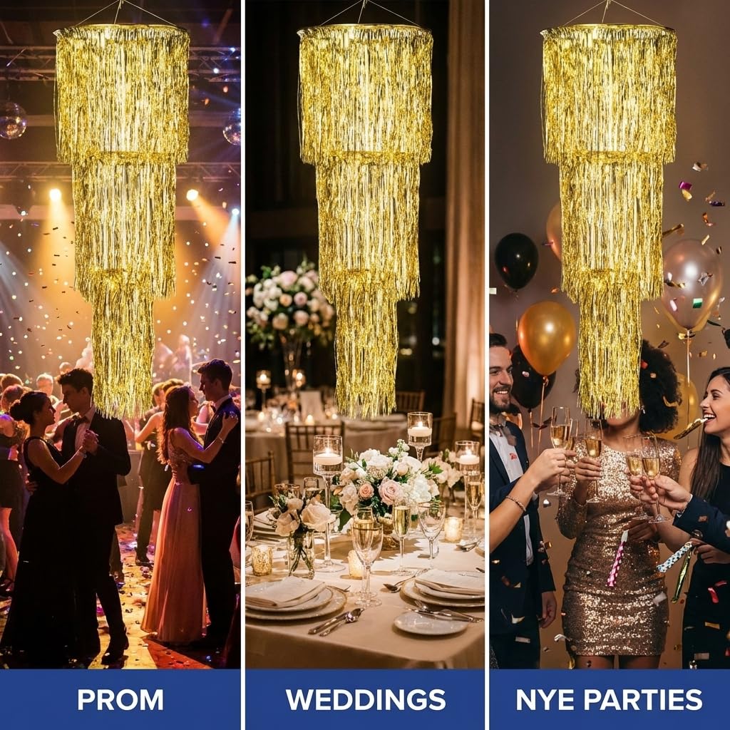 Anderson's Gold 3-Tier Fringe Chandelier Wedding Decoration, 16 Inches x 48 Inches - Image 8