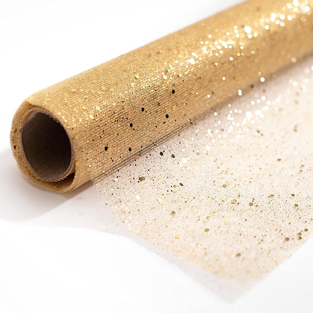 Anderson's Gold Glitter Dot Mesh Fabric Roll, 19 Inches x 5 Yards, Decorative Wedding Fabric for Wedding Reception, Baby Shower, Gender Reveal, Prom, Homecoming, Tables, Party