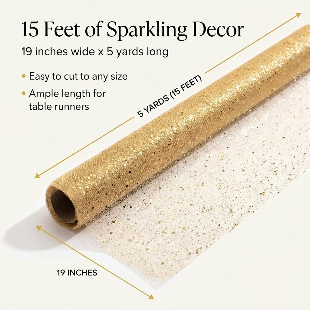 Anderson's Gold Glitter Dot Mesh Fabric Roll, 19 Inches x 5 Yards, Decorative Wedding Fabric for Wedding Reception, Baby Shower, Gender Reveal, Prom, Homecoming, Tables, Party - Image 2