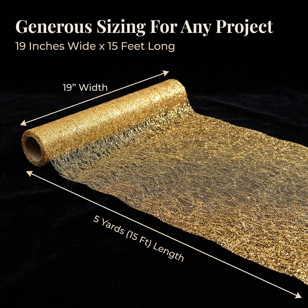 Anderson's Gold Glitter Mesh Fabric Roll, 19 Inches x 5 Yards, Decorative Wedding Fabric for Wedding Reception, Baby Shower, Gender Reveal, Prom, Homecoming, Tables, Party - Image 4
