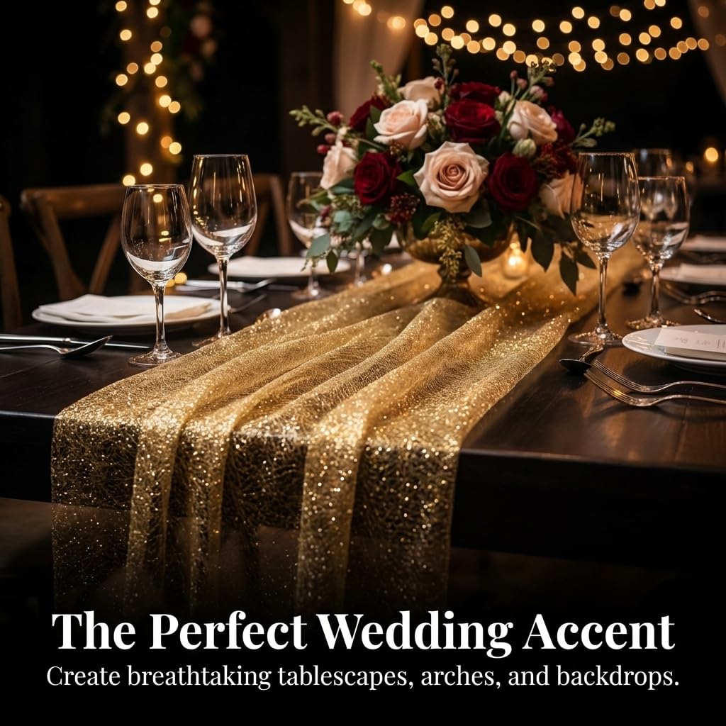 Anderson's Gold Glitter Mesh Fabric Roll, 19 Inches x 5 Yards, Decorative Wedding Fabric for Wedding Reception, Baby Shower, Gender Reveal, Prom, Homecoming, Tables, Party - Image 7