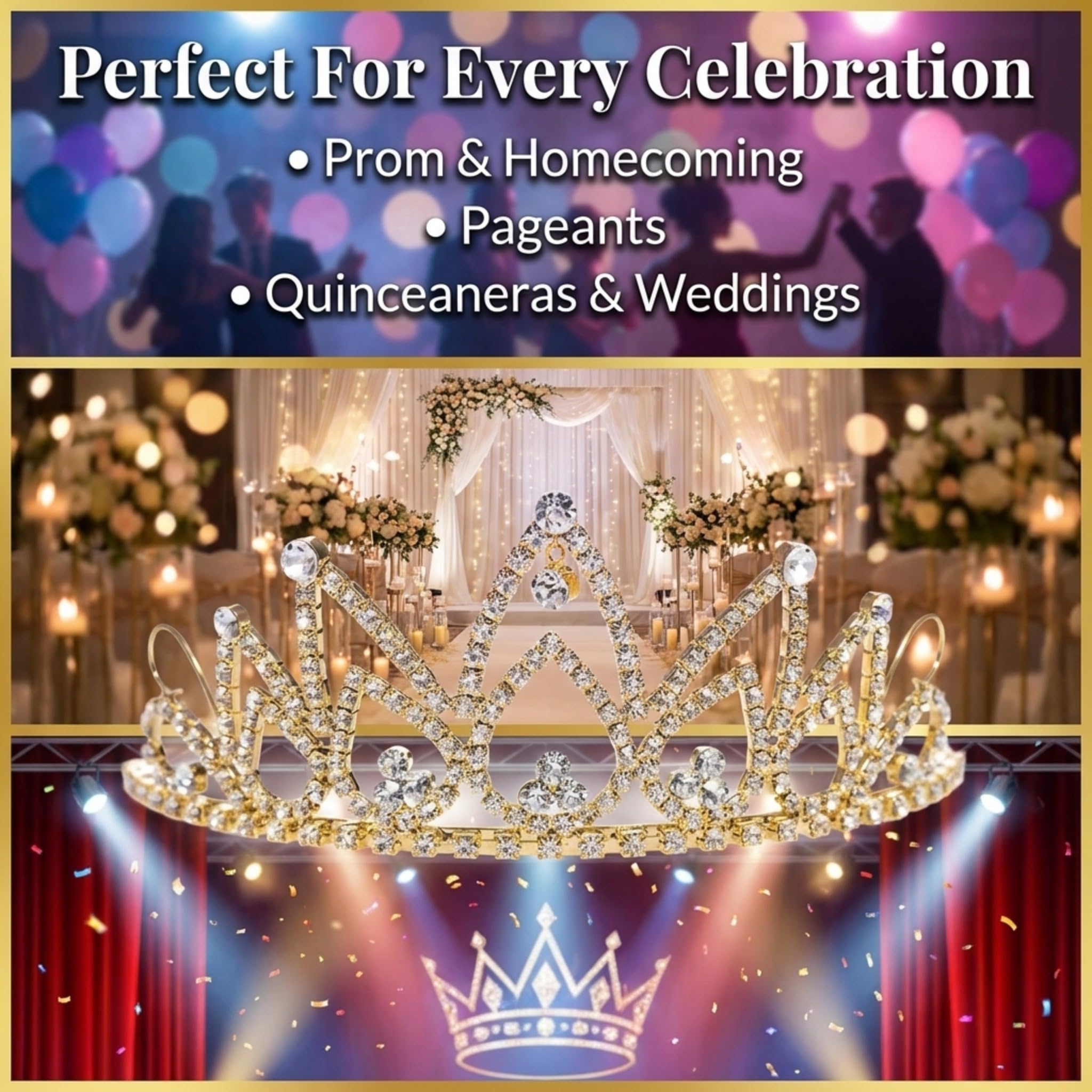 Anderson's Gold Hazel Queen & Alisa Princess Tiara Set, 5-Piece Gold Metal Crown Collection with Sparkling Clear Rhinestones, Adjustable Fit & Comfort Combs, Perfect for Prom, Homecoming, Weddings, Pageants, Quinceañeras, and Coronation Events - Image 3