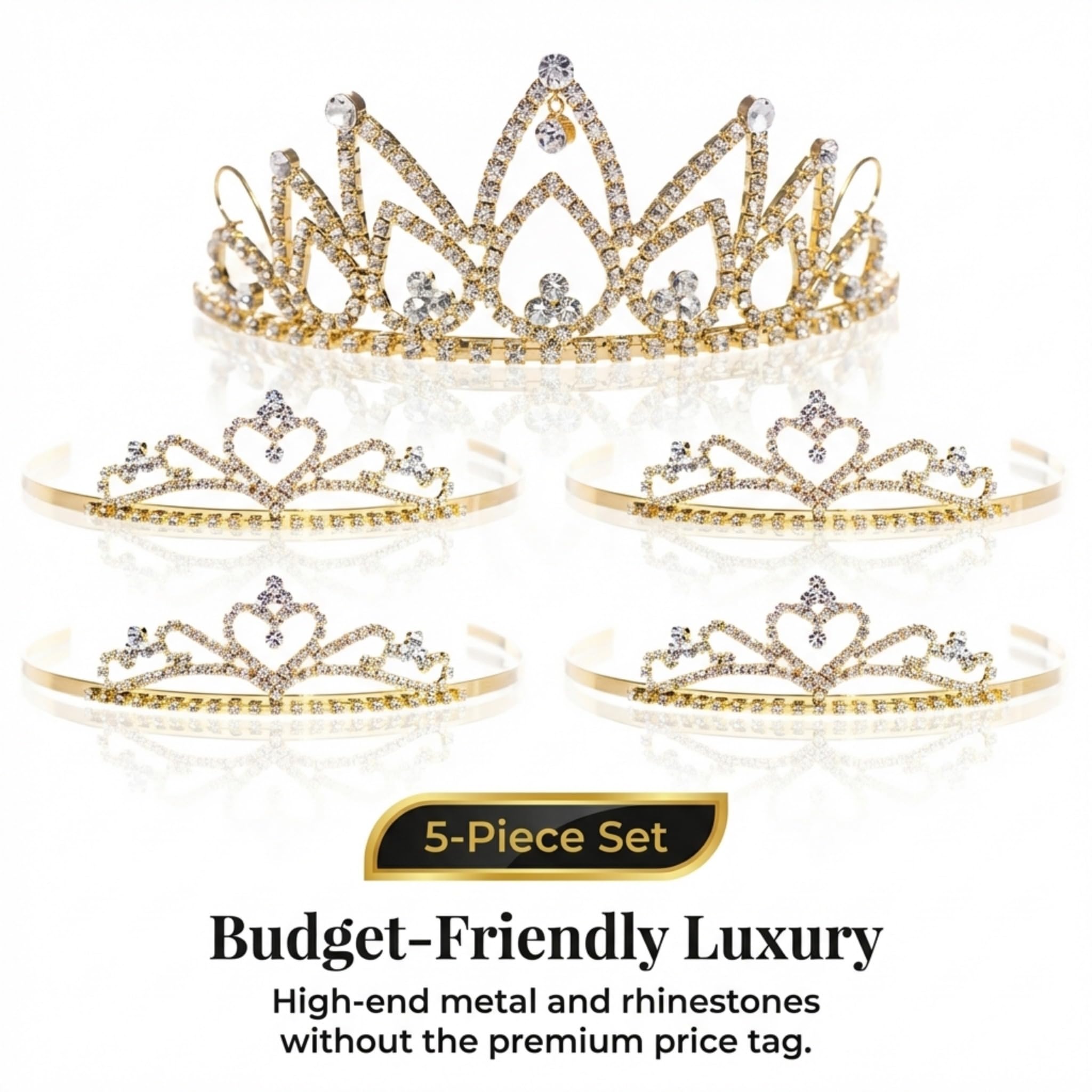 Anderson's Gold Hazel Queen & Alisa Princess Tiara Set, 5-Piece Gold Metal Crown Collection with Sparkling Clear Rhinestones, Adjustable Fit & Comfort Combs, Perfect for Prom, Homecoming, Weddings, Pageants, Quinceañeras, and Coronation Events - Image 4