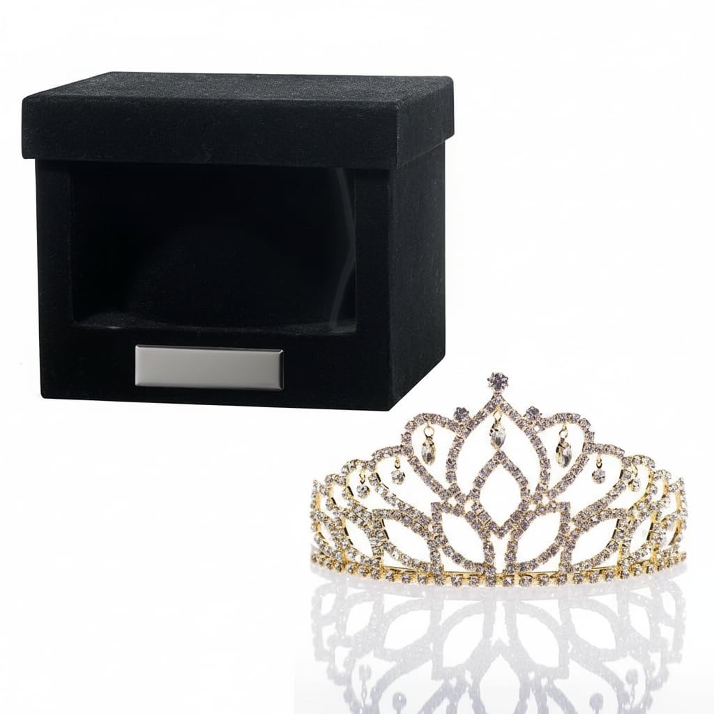 Anderson's Gold Mirabella Tiara and Velvet Presentation Box Set, 2.875" gold rhinestone crown for Prom Queen, pageants, weddings, quinceañeras, birthdays, Sweet 16, homecoming, parties, and events