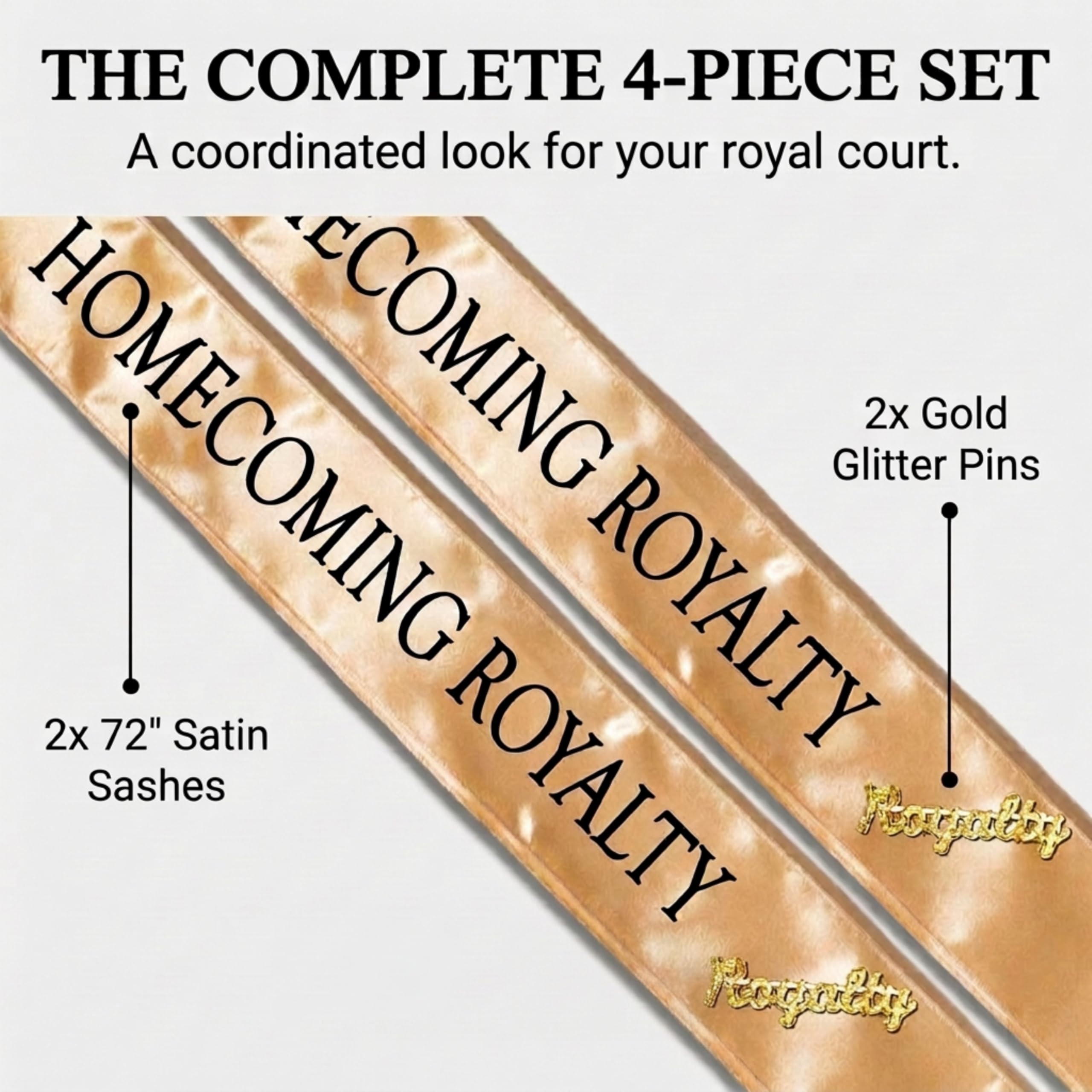 Anderson's Gold Satin Homecoming Royalty Sashes with Black Lettering & Gold Glitter Royalty Pins, 3" x 72" Sashes and 2" Pins for Homecoming Coronation & School Celebrations, 4 Piece Set - Image 2