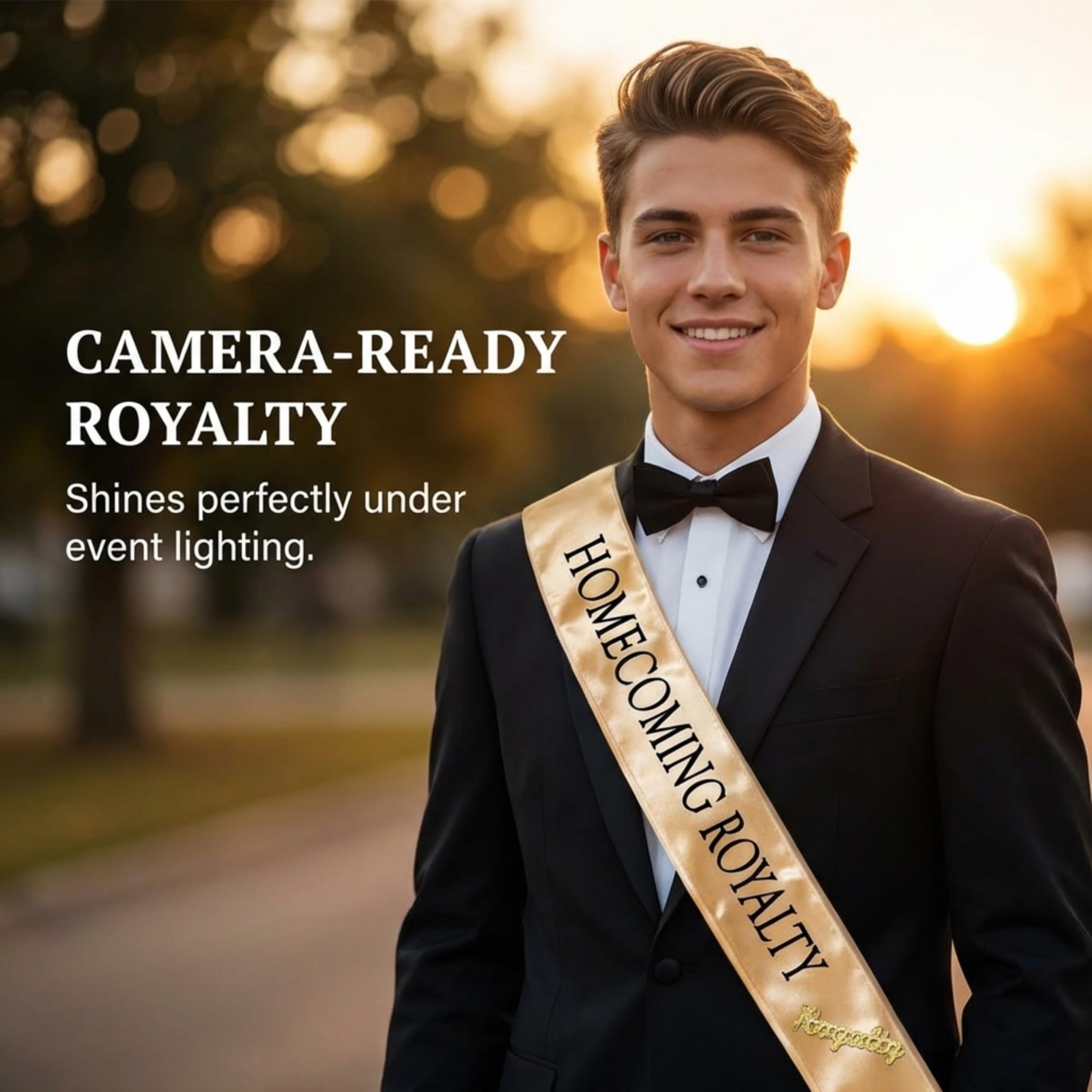 Anderson's Gold Satin Homecoming Royalty Sashes with Black Lettering & Gold Glitter Royalty Pins, 3" x 72" Sashes and 2" Pins for Homecoming Coronation & School Celebrations, 4 Piece Set - Image 4