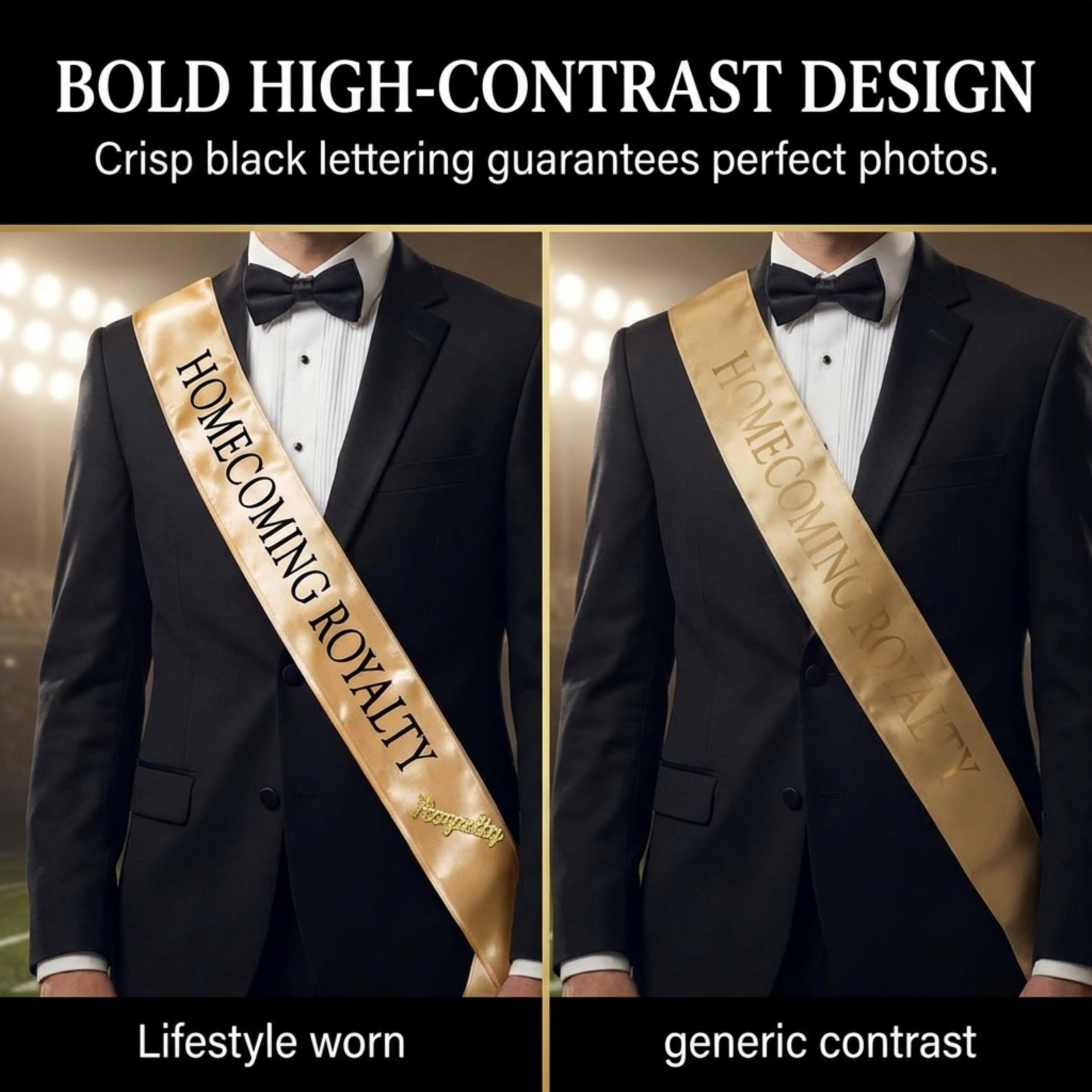 Anderson's Gold Satin Homecoming Royalty Sashes with Black Lettering & Gold Glitter Royalty Pins, 3" x 72" Sashes and 2" Pins for Homecoming Coronation & School Celebrations, 4 Piece Set - Image 6
