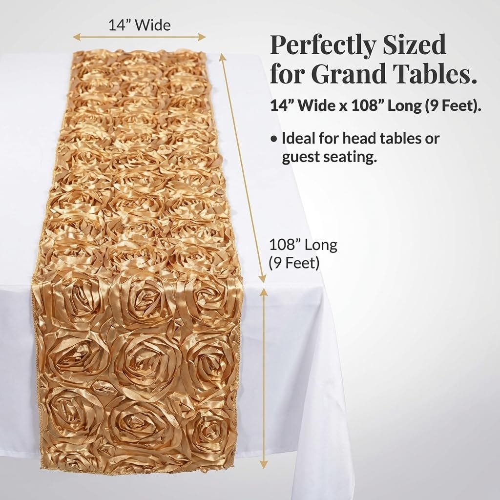 Anderson's Gold Satin Rosette Table Runner, 14 Inches x 9 Feet, Wedding Table Decorations - Image 3