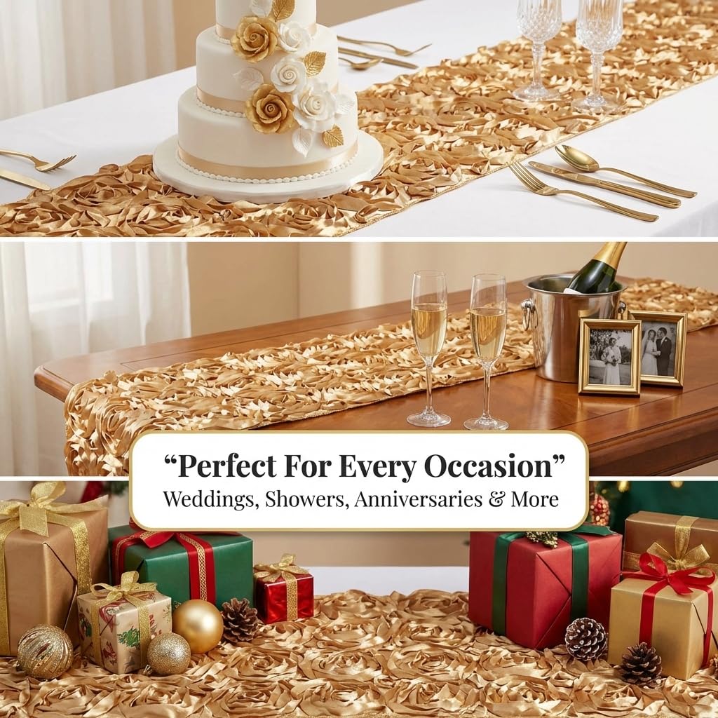 Anderson's Gold Satin Rosette Table Runner, 14 Inches x 9 Feet, Wedding Table Decorations - Image 5