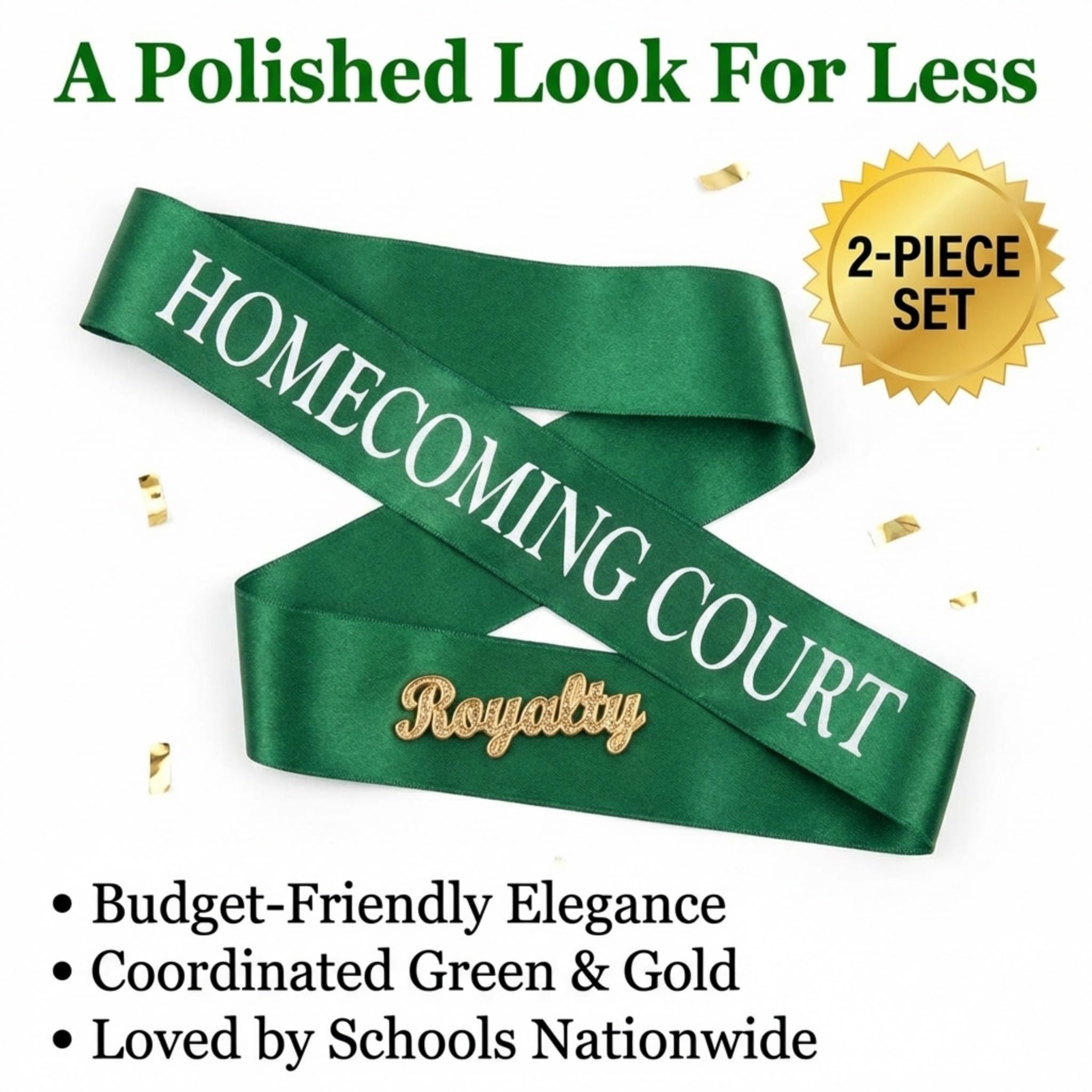 Anderson’s Green Satin Homecoming Court Sash with White Lettering and Gold Glitter Royalty Pin, 3" x 72" Sash and 2" Pin for Homecoming Coronation and School Celebrations, 2 Piece Set - Image 5