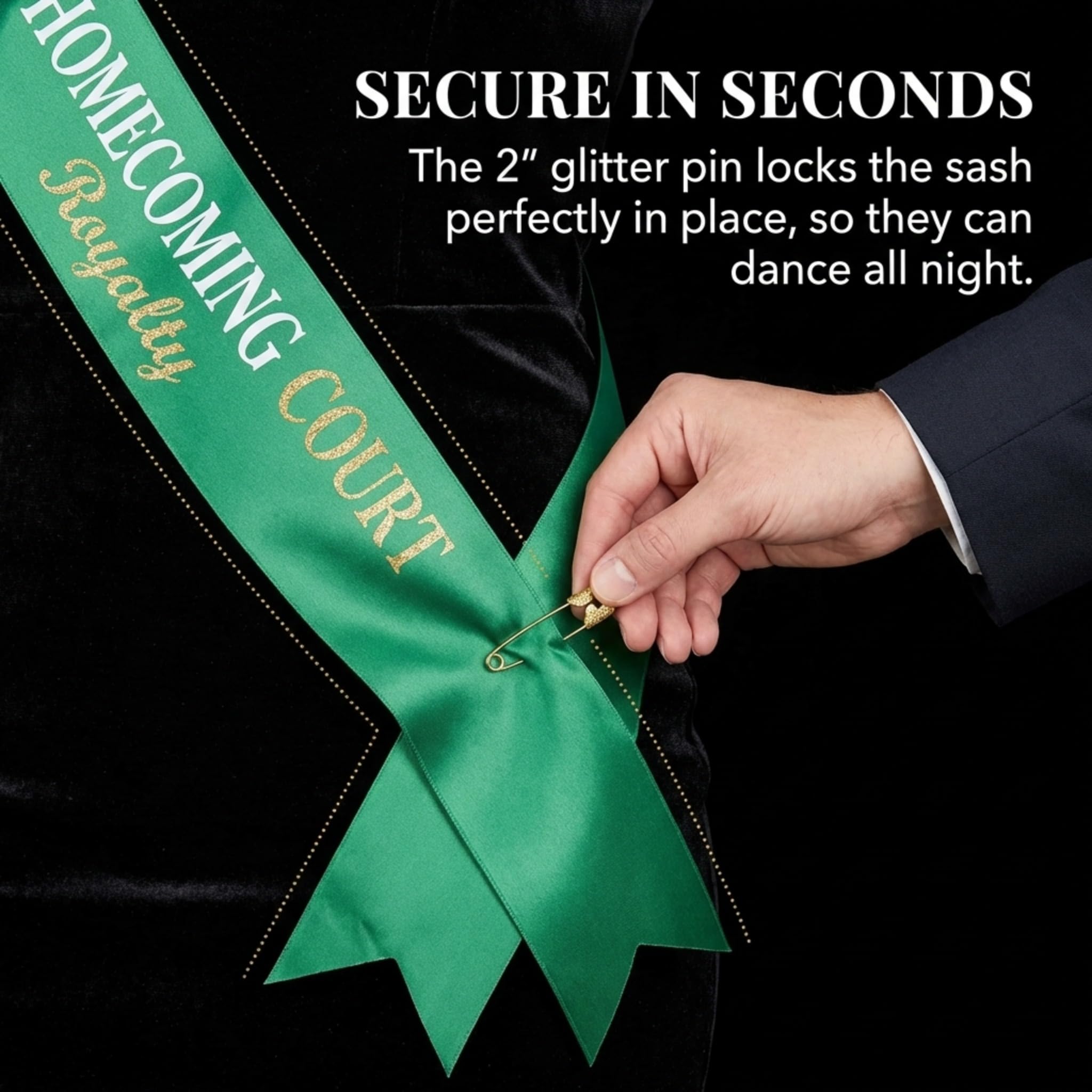 Anderson’s Green Satin Homecoming Court Sash with White Lettering and Gold Glitter Royalty Pin, 3" x 72" Sash and 2" Pin for Homecoming Coronation and School Celebrations, 2 Piece Set - Image 7