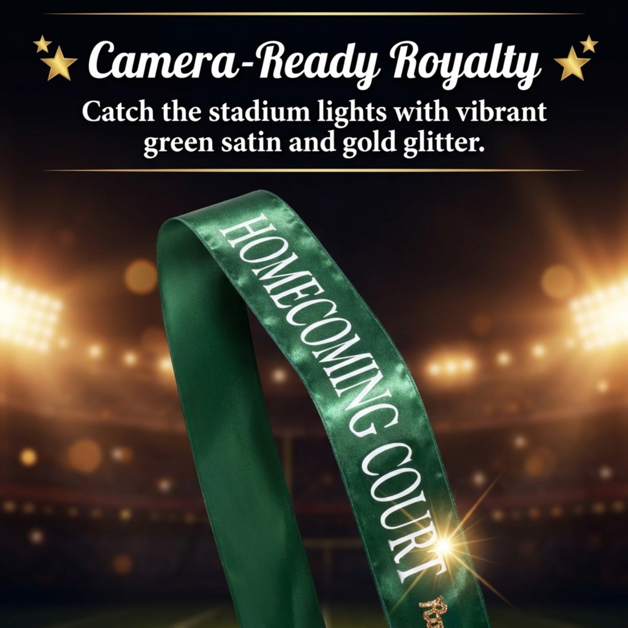 Anderson’s Green Satin Homecoming Court Sash with White Lettering and Gold Glitter Royalty Pin, 3" x 72" Sash and 2" Pin for Homecoming Coronation and School Celebrations, 2 Piece Set - Image 8