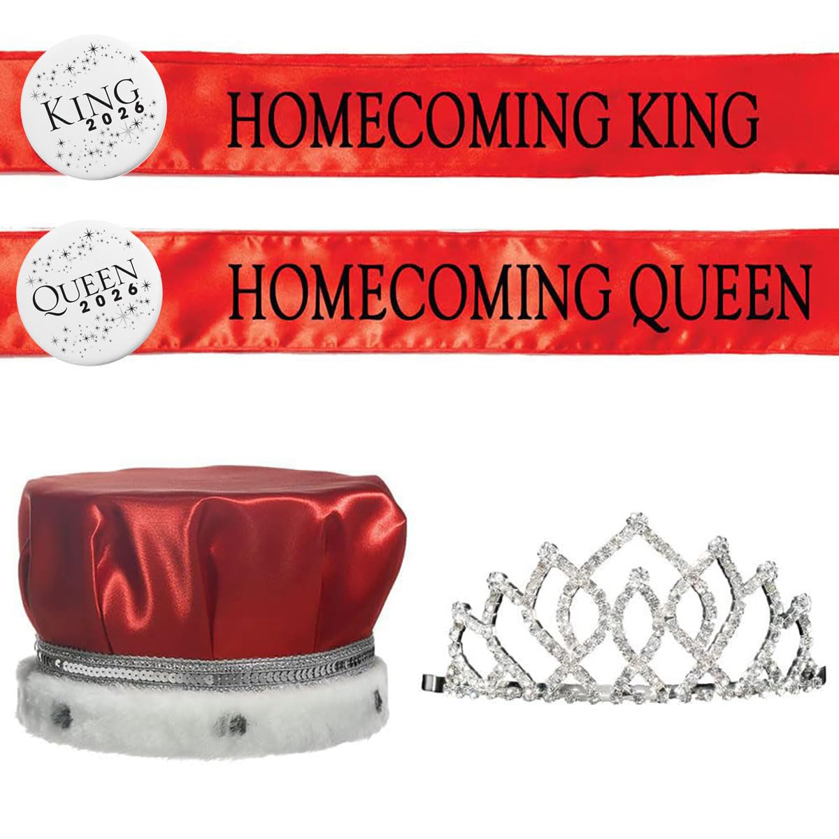 Anderson's Homecoming 2023 Royalty Set with Armande Tiara, Red Crown, Red Sashes, and White Buttons, High School