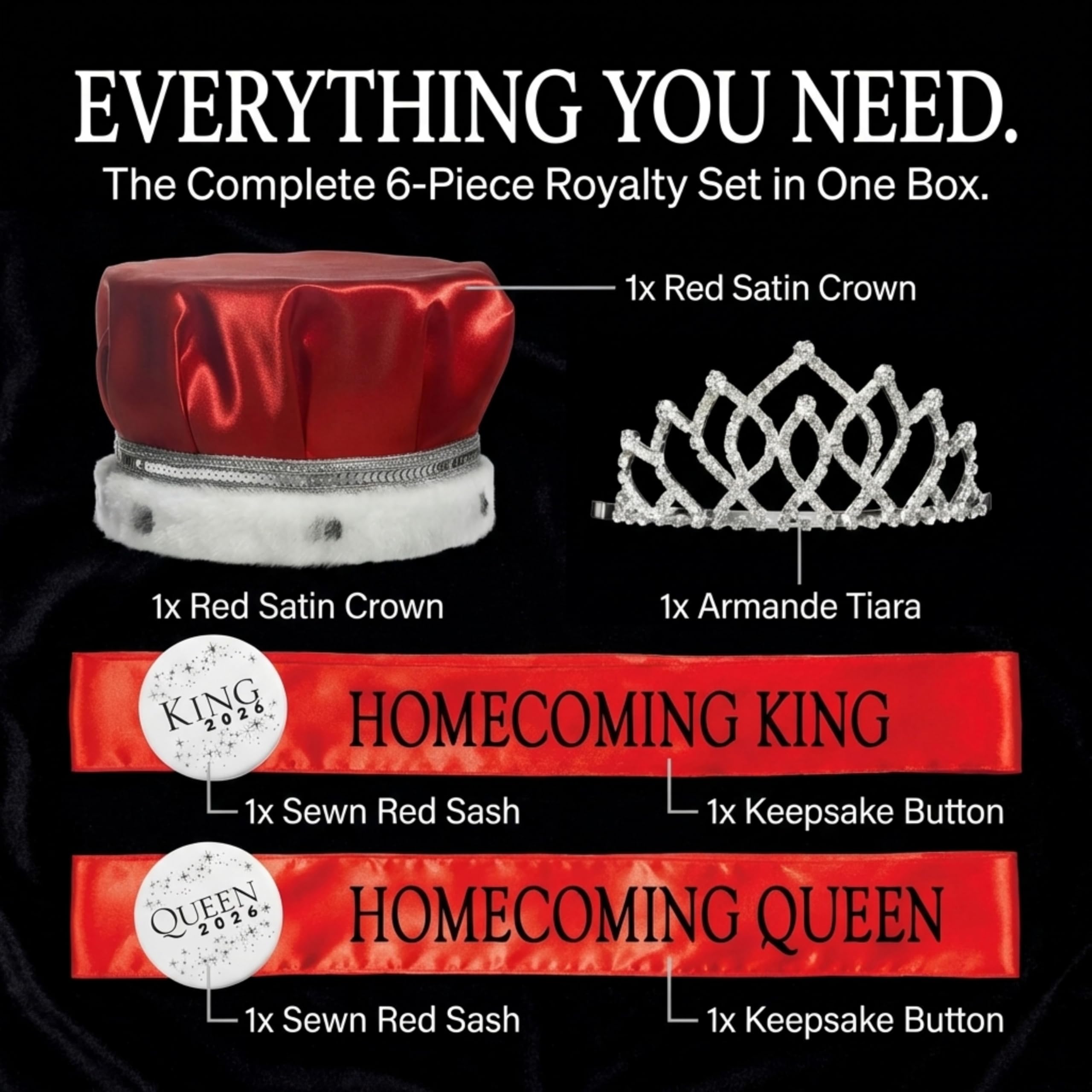 Anderson's Homecoming 2023 Royalty Set with Armande Tiara, Red Crown, Red Sashes, and White Buttons, High School - Image 2