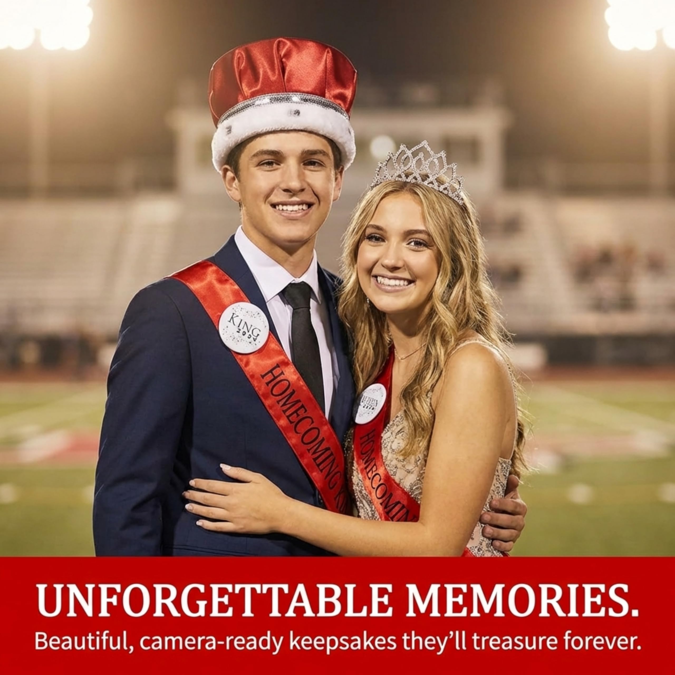 Anderson's Homecoming 2023 Royalty Set with Armande Tiara, Red Crown, Red Sashes, and White Buttons, High School - Image 3