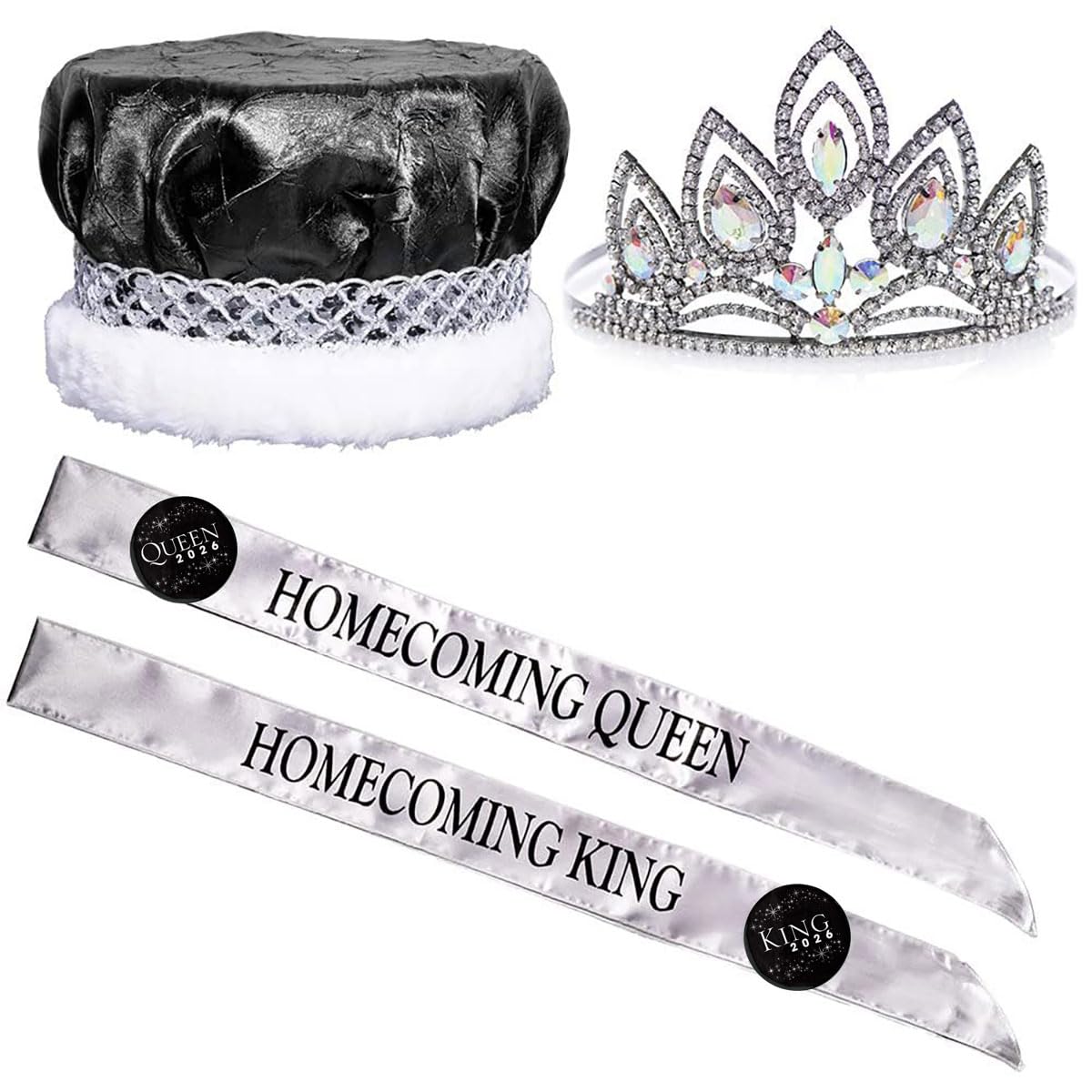 Anderson's Homecoming 2023 Royalty Set with Elizabeth Tiara, Black Crown, Silver Sashes, and Black Buttons, High School