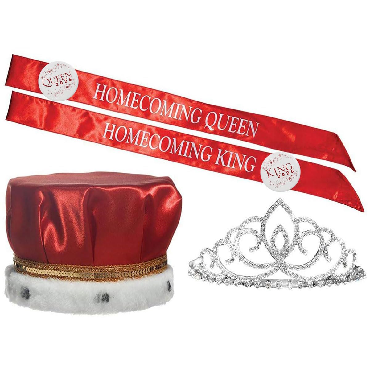 Anderson's Homecoming 2023 Royalty Set with Sharona Tiara, Red Crown, Red Sashes, and White Buttons, High School