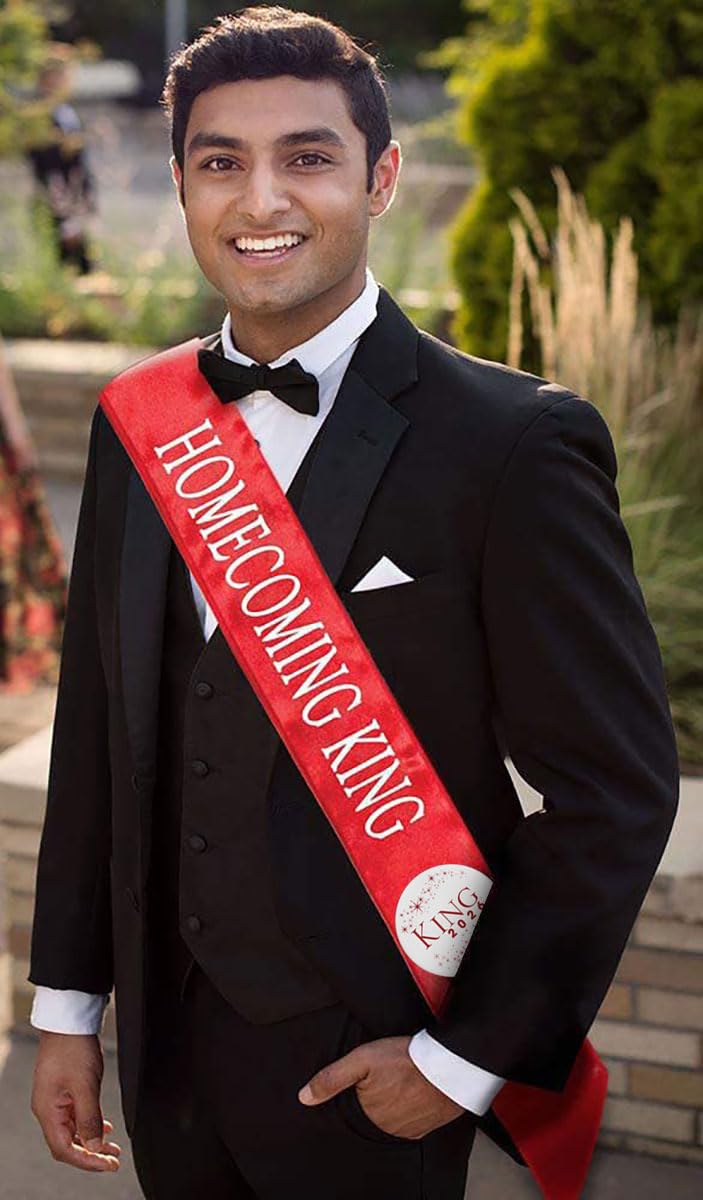 Anderson's Homecoming 2023 Royalty Set with Sharona Tiara, Red Crown, Red Sashes, and White Buttons, High School - Image 9