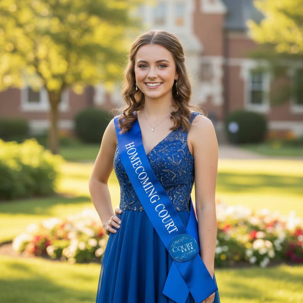 Anderson's Homecoming Court 2026 Set with Blue & White Satin Sash, Keepsake Button, High School Sash and Button for Homecoming Court, School Dance, Parade, Costume, Event, 2 Piece Set - Image 4