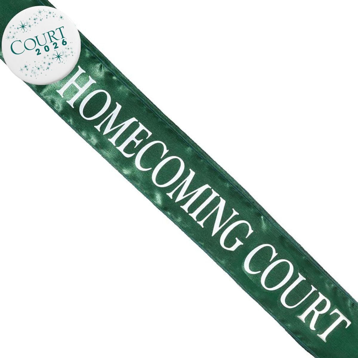 Anderson's Homecoming Court 2026 Set with Green & White Satin Sash, Keepsake Button, High School Sash and Button for Homecoming Court, School Dance, Parade, Costume, Event, 2 Piece Set