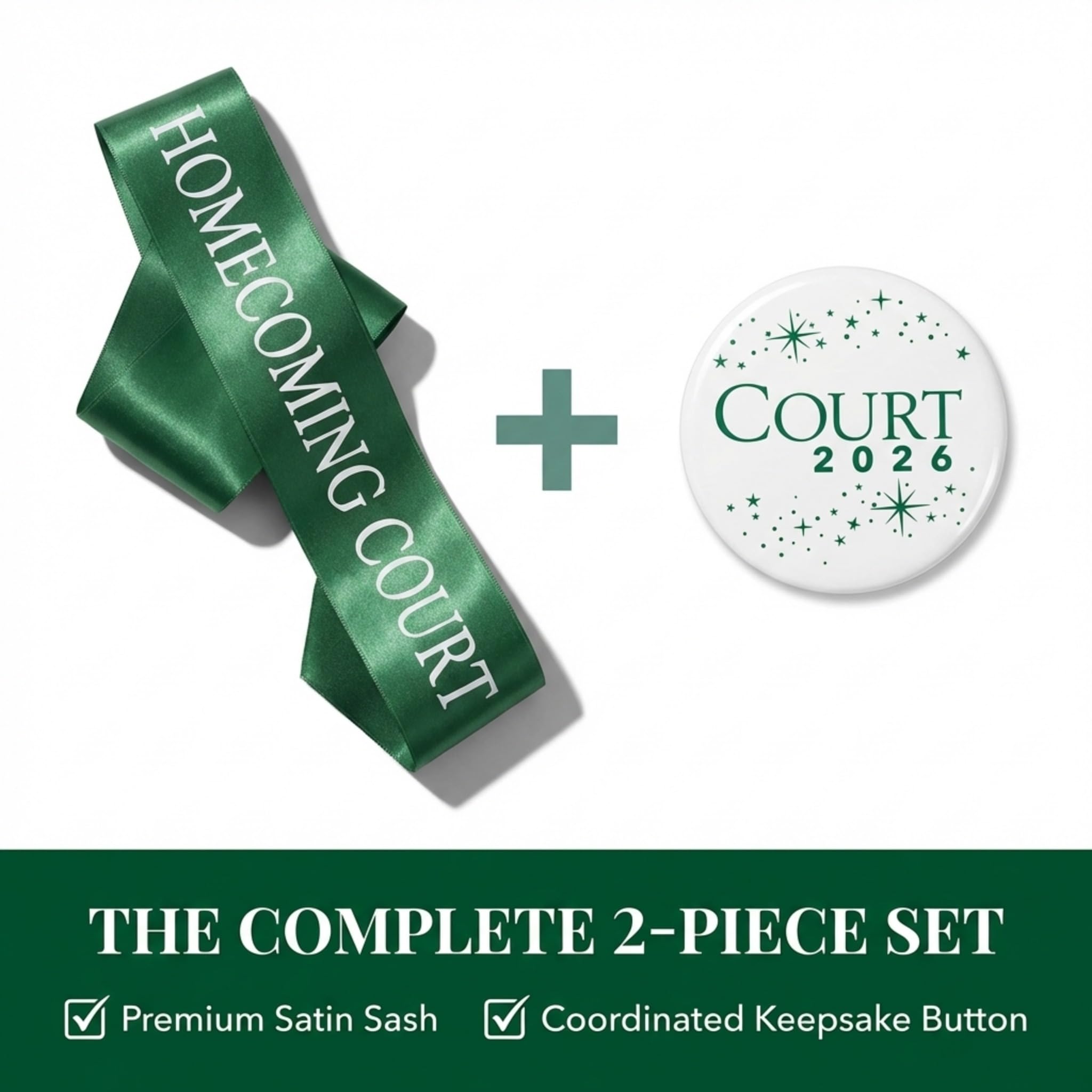 Anderson's Homecoming Court 2026 Set with Green & White Satin Sash, Keepsake Button, High School Sash and Button for Homecoming Court, School Dance, Parade, Costume, Event, 2 Piece Set - Image 4