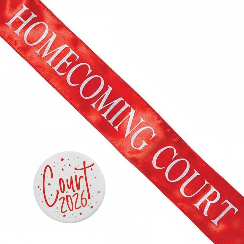 Anderson's Homecoming Court 2026 Set with Red & White Satin Sash, White Keepsake Button, High School Sash and Button for Homecoming Court, School Dance, Parade, Costume, Event, 2 Piece Set