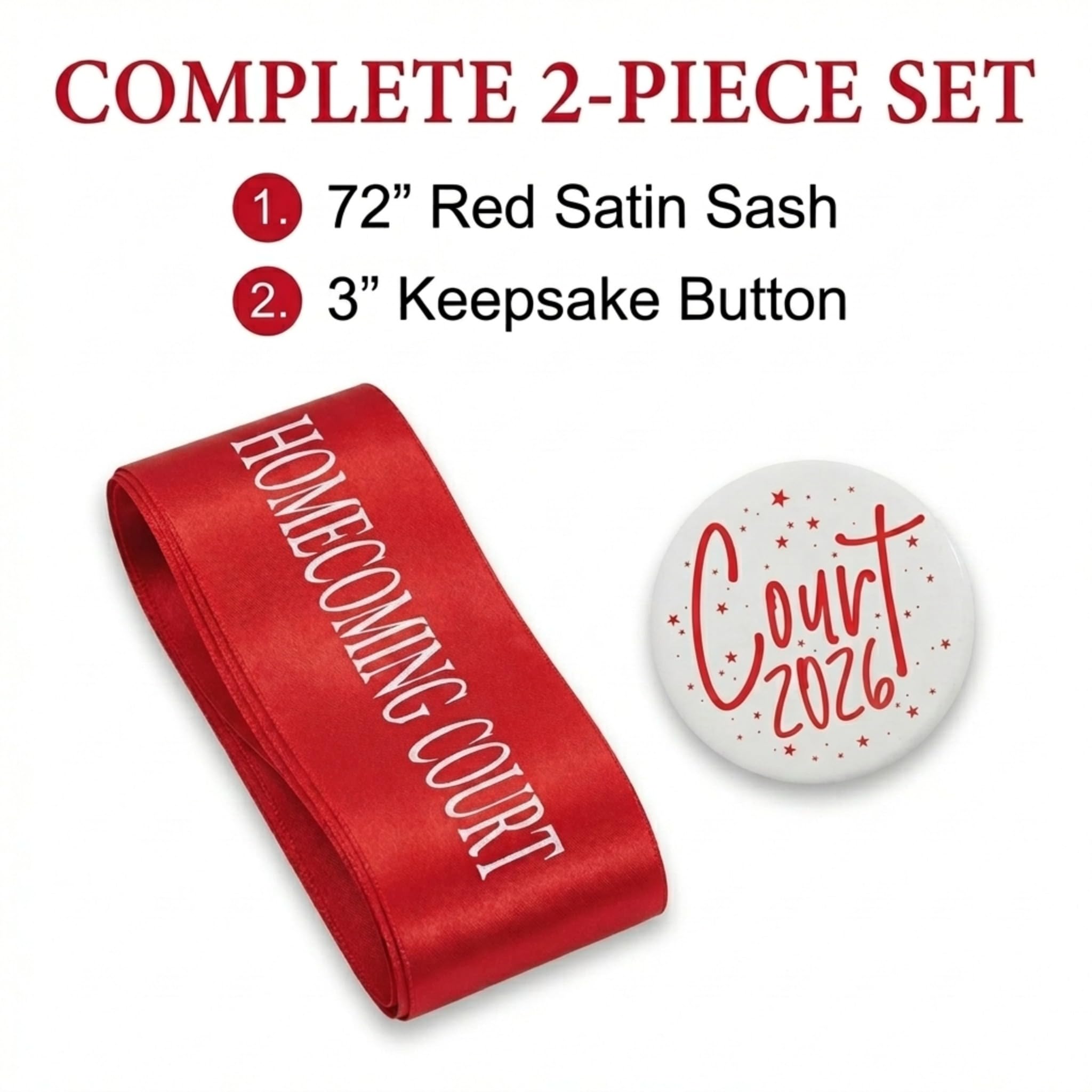 Anderson's Homecoming Court 2026 Set with Red & White Satin Sash, White Keepsake Button, High School Sash and Button for Homecoming Court, School Dance, Parade, Costume, Event, 2 Piece Set - Image 4