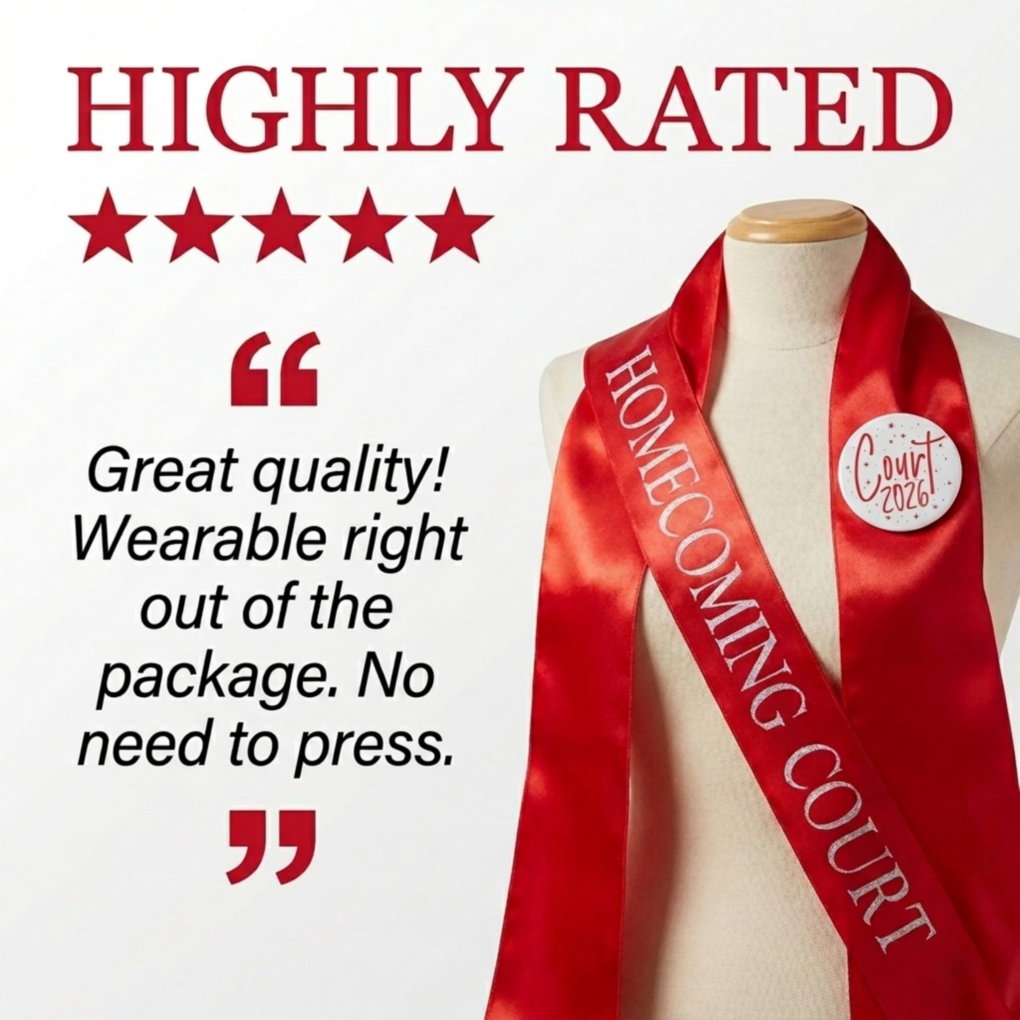 Anderson's Homecoming Court 2026 Set with Red & White Satin Sash, White Keepsake Button, High School Sash and Button for Homecoming Court, School Dance, Parade, Costume, Event, 2 Piece Set - Image 8