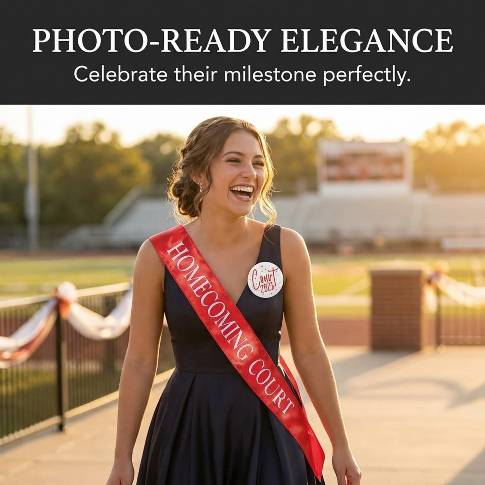 Anderson's Homecoming Court 2026 Set with Red & White Satin Sash, White Keepsake Button, High School Sash and Button for Homecoming Court, School Dance, Parade, Costume, Event, 2 Piece Set - Image 9