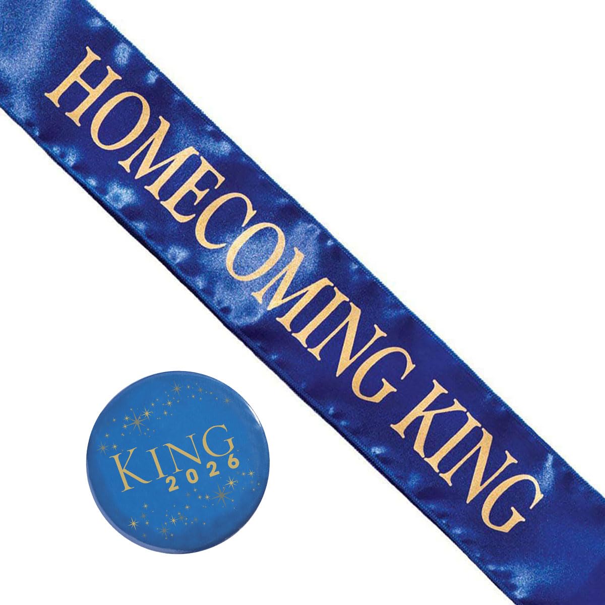 Anderson’s Homecoming King 2026 Court Set with Blue & Gold Satin Sash, Keepsake Button, High School Sash and Button for Homecoming Court, School Dance, Parade, Costume, Event, 2 Piece Set