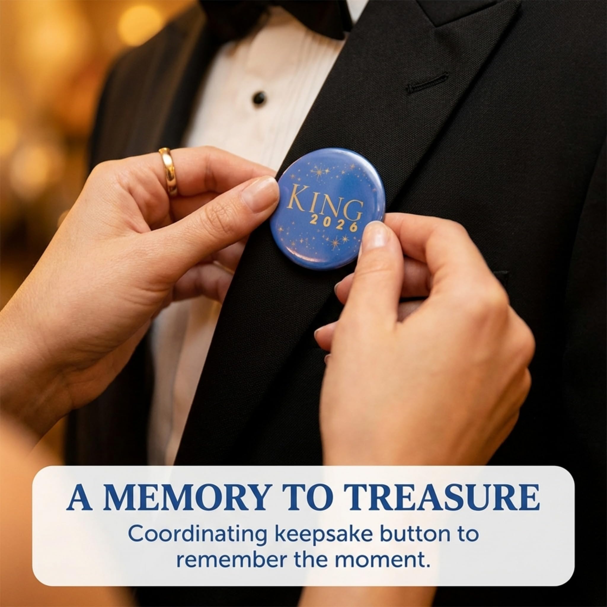 Anderson’s Homecoming King 2026 Court Set with Blue & Gold Satin Sash, Keepsake Button, High School Sash and Button for Homecoming Court, School Dance, Parade, Costume, Event, 2 Piece Set - Image 4