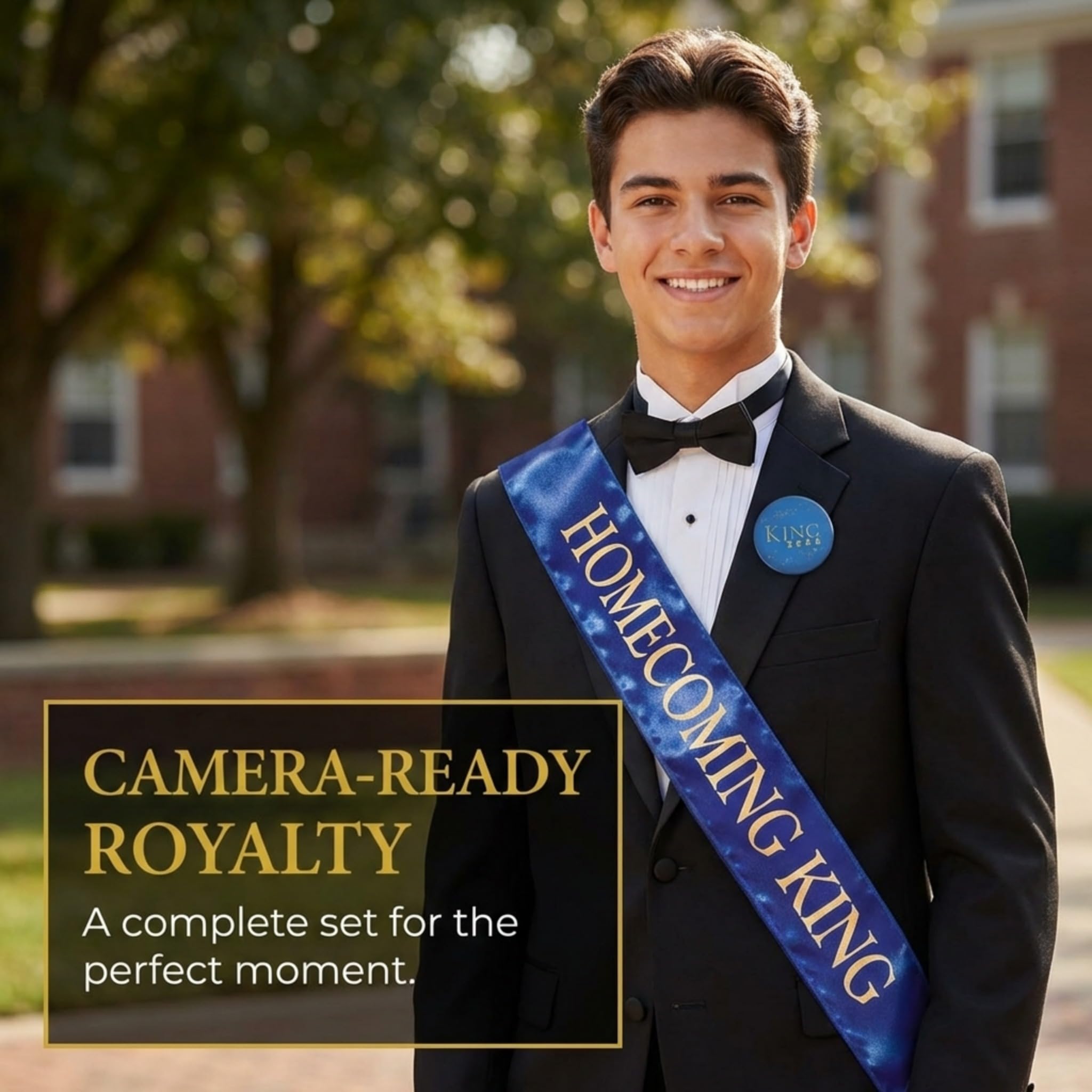 Anderson’s Homecoming King 2026 Court Set with Blue & Gold Satin Sash, Keepsake Button, High School Sash and Button for Homecoming Court, School Dance, Parade, Costume, Event, 2 Piece Set - Image 5