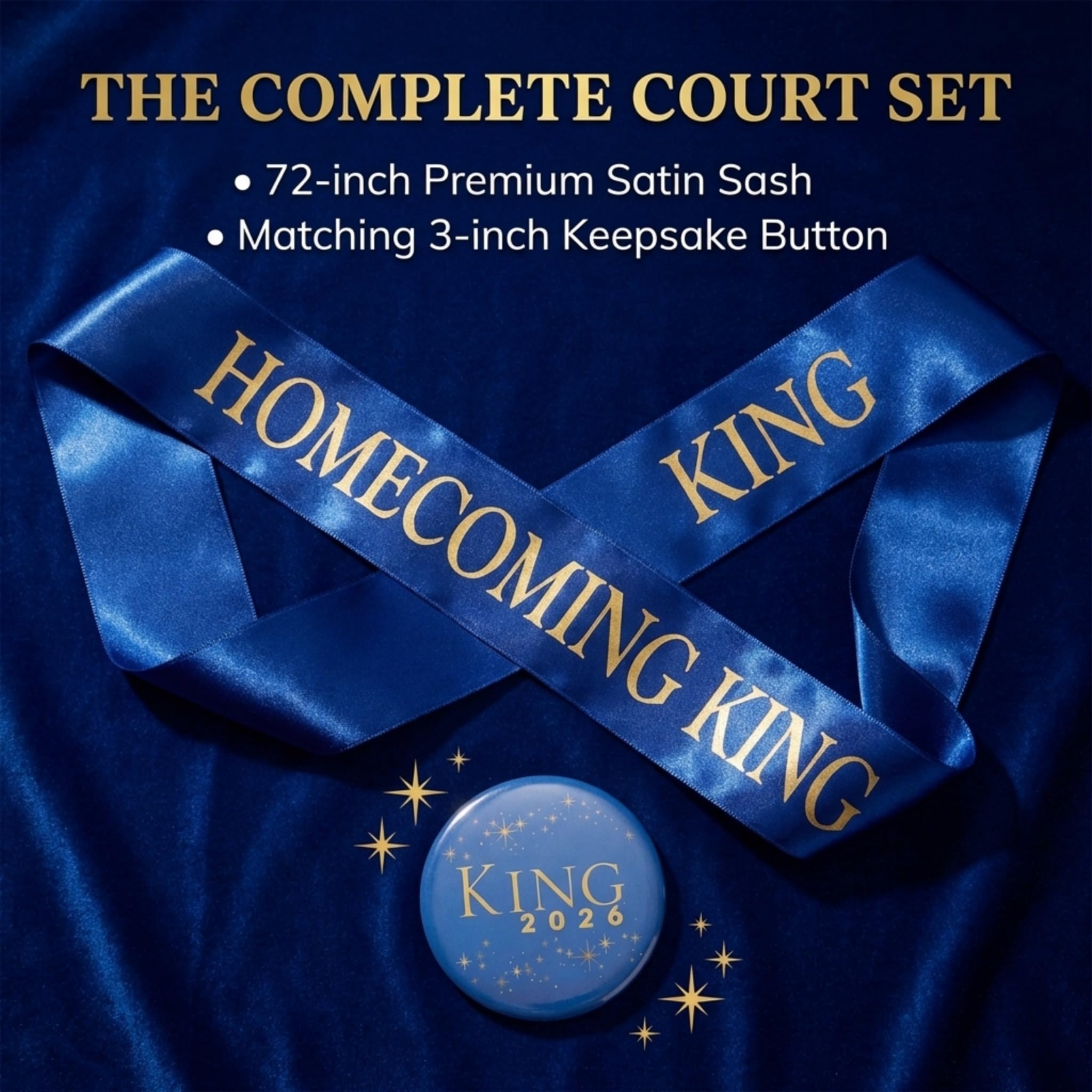 Anderson’s Homecoming King 2026 Court Set with Blue & Gold Satin Sash, Keepsake Button, High School Sash and Button for Homecoming Court, School Dance, Parade, Costume, Event, 2 Piece Set - Image 6