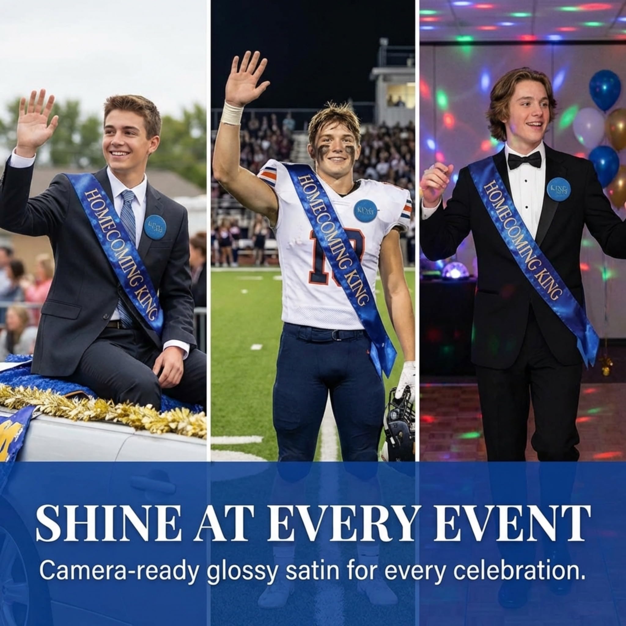 Anderson’s Homecoming King 2026 Court Set with Blue & Gold Satin Sash, Keepsake Button, High School Sash and Button for Homecoming Court, School Dance, Parade, Costume, Event, 2 Piece Set - Image 9