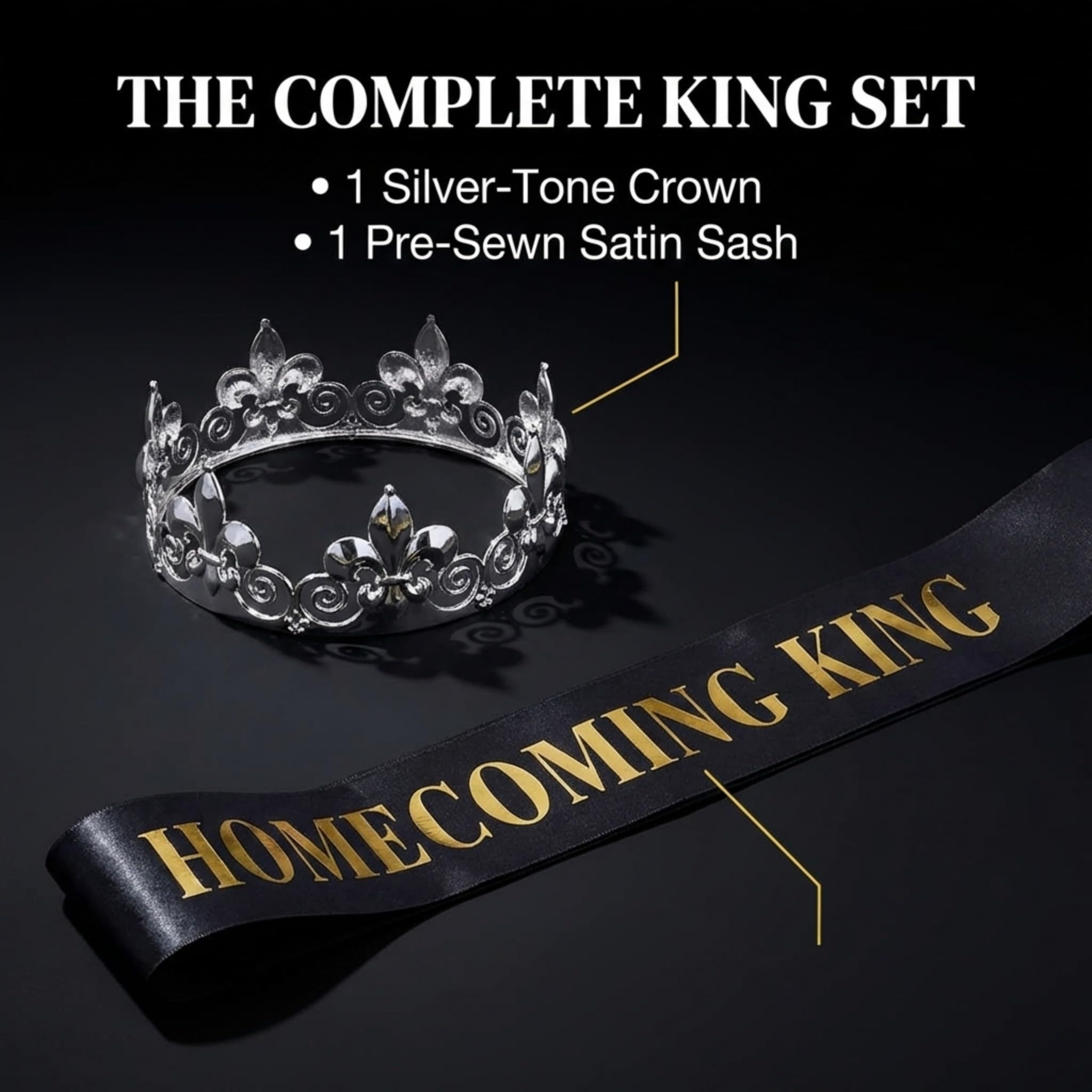 Anderson's Homecoming King Crown with Black Satin Sash Set, Metallic Gold Lettering, Elegant Coronation Accessories and 3" x 72" Homecoming King Sash for High School Coronation, 2 Piece Set - Image 3
