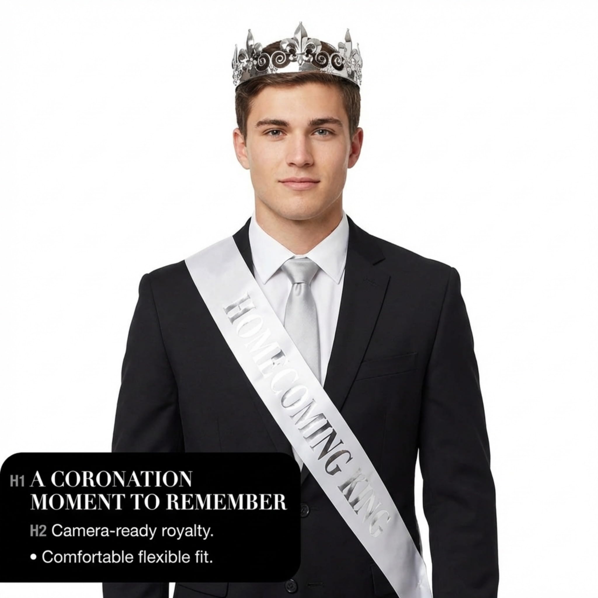 Anderson’s Homecoming King Silver Crown & White Sash Set, 2.25" Silver Fleur-de-Lis Crown & 3" x 72" White Sash with Silver Metallic Lettering for Homecoming Coronation & Formal Events, 2 Piece Set - Image 3