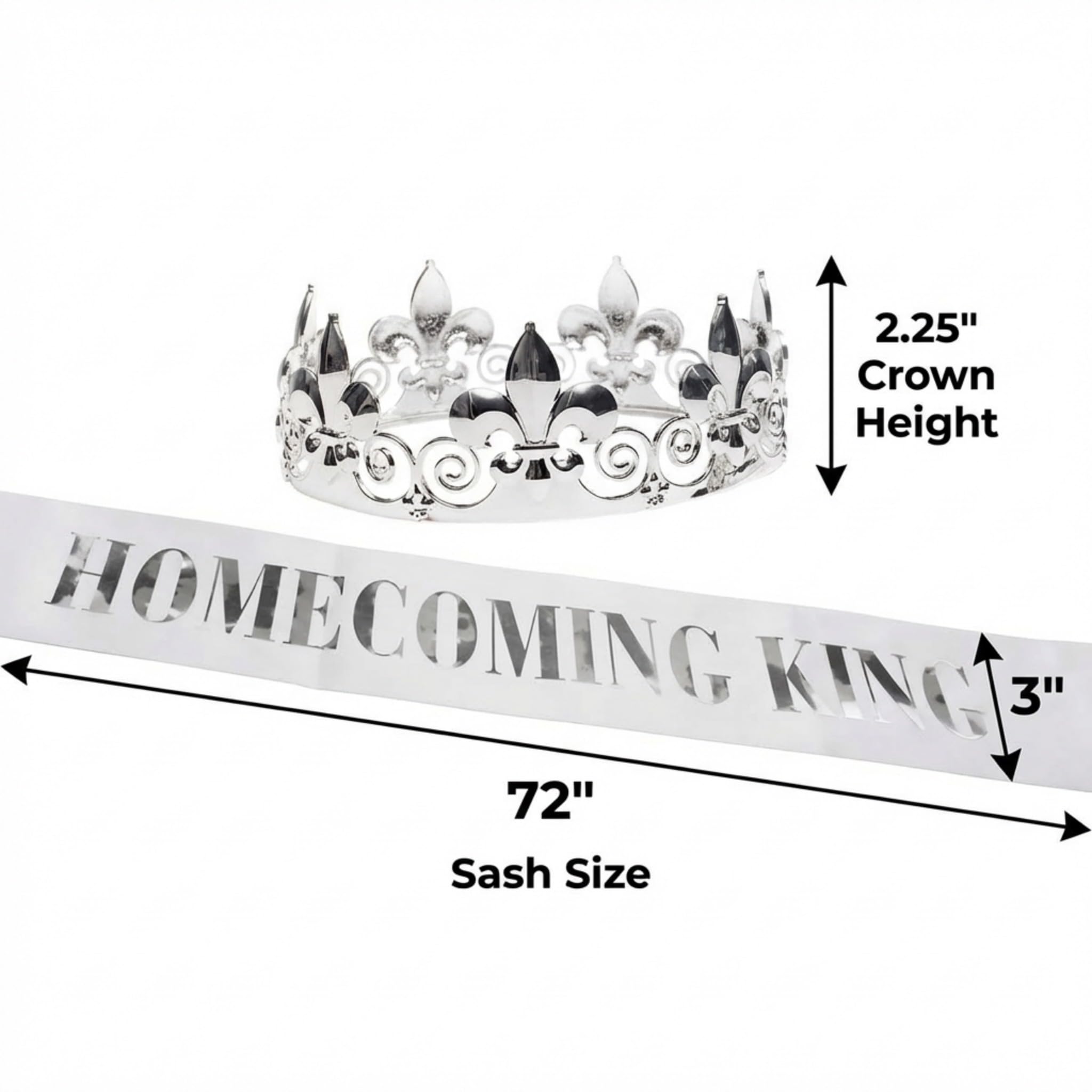 Anderson’s Homecoming King Silver Crown & White Sash Set, 2.25" Silver Fleur-de-Lis Crown & 3" x 72" White Sash with Silver Metallic Lettering for Homecoming Coronation & Formal Events, 2 Piece Set - Image 4