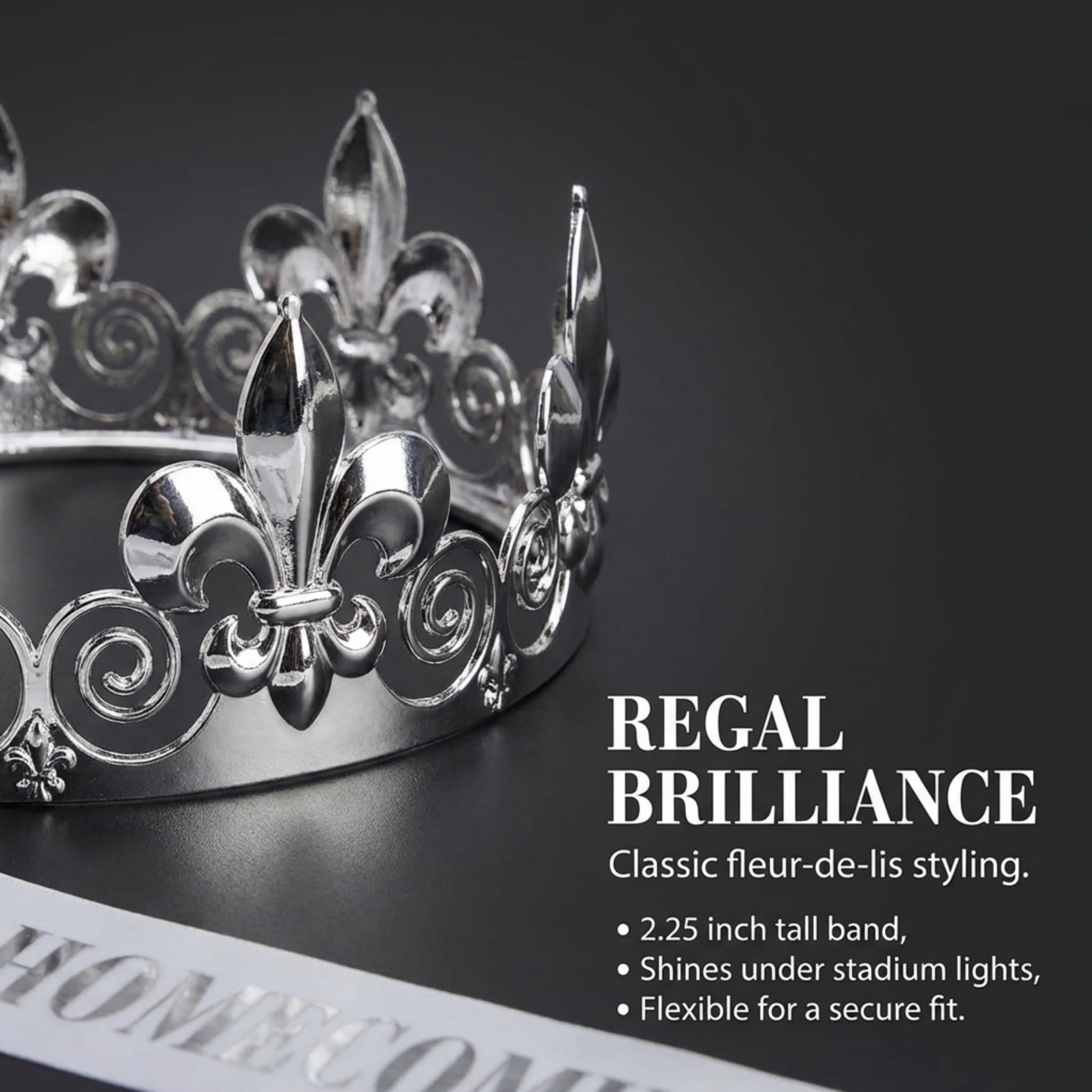 Anderson’s Homecoming King Silver Crown & White Sash Set, 2.25" Silver Fleur-de-Lis Crown & 3" x 72" White Sash with Silver Metallic Lettering for Homecoming Coronation & Formal Events, 2 Piece Set - Image 5
