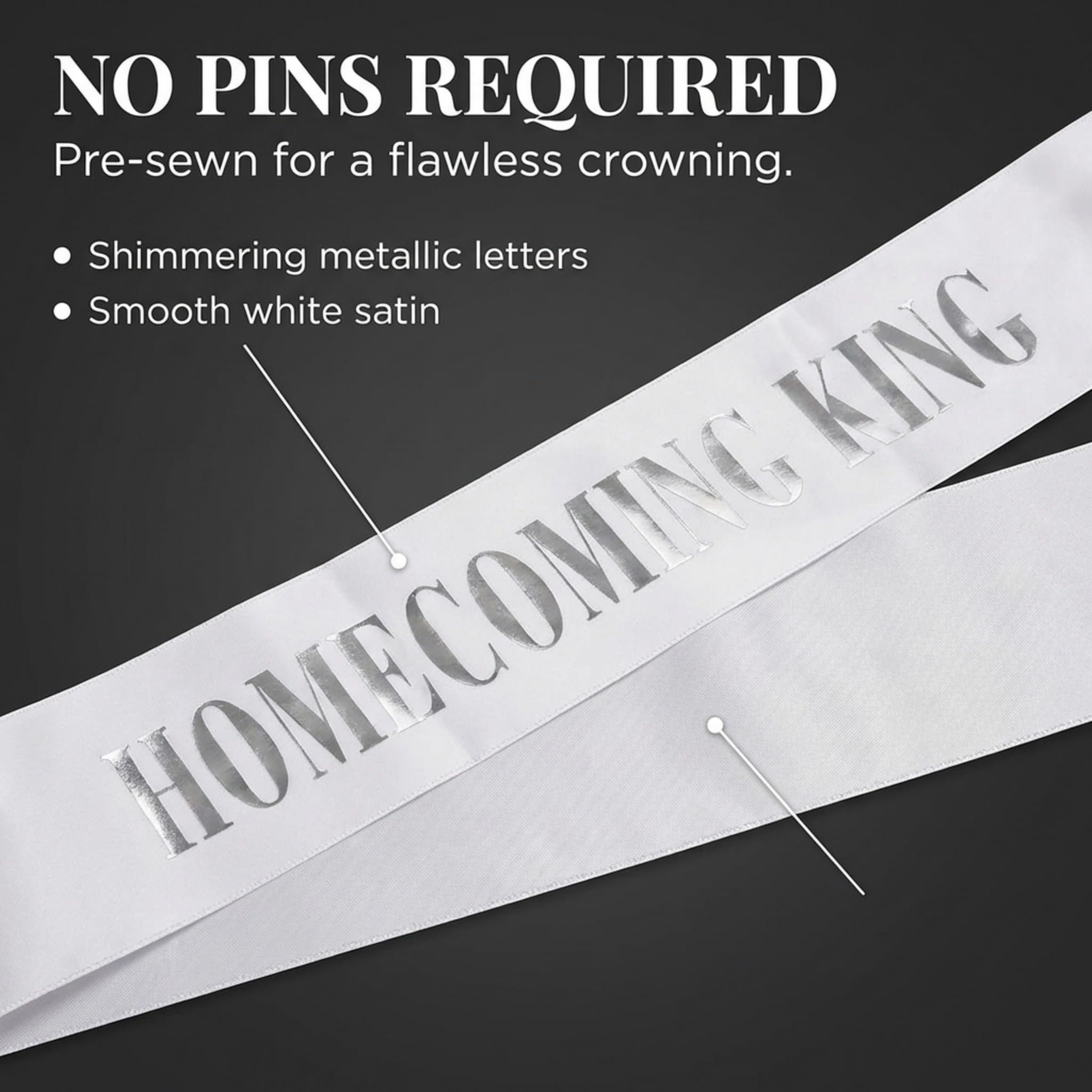 Anderson’s Homecoming King Silver Crown & White Sash Set, 2.25" Silver Fleur-de-Lis Crown & 3" x 72" White Sash with Silver Metallic Lettering for Homecoming Coronation & Formal Events, 2 Piece Set - Image 6