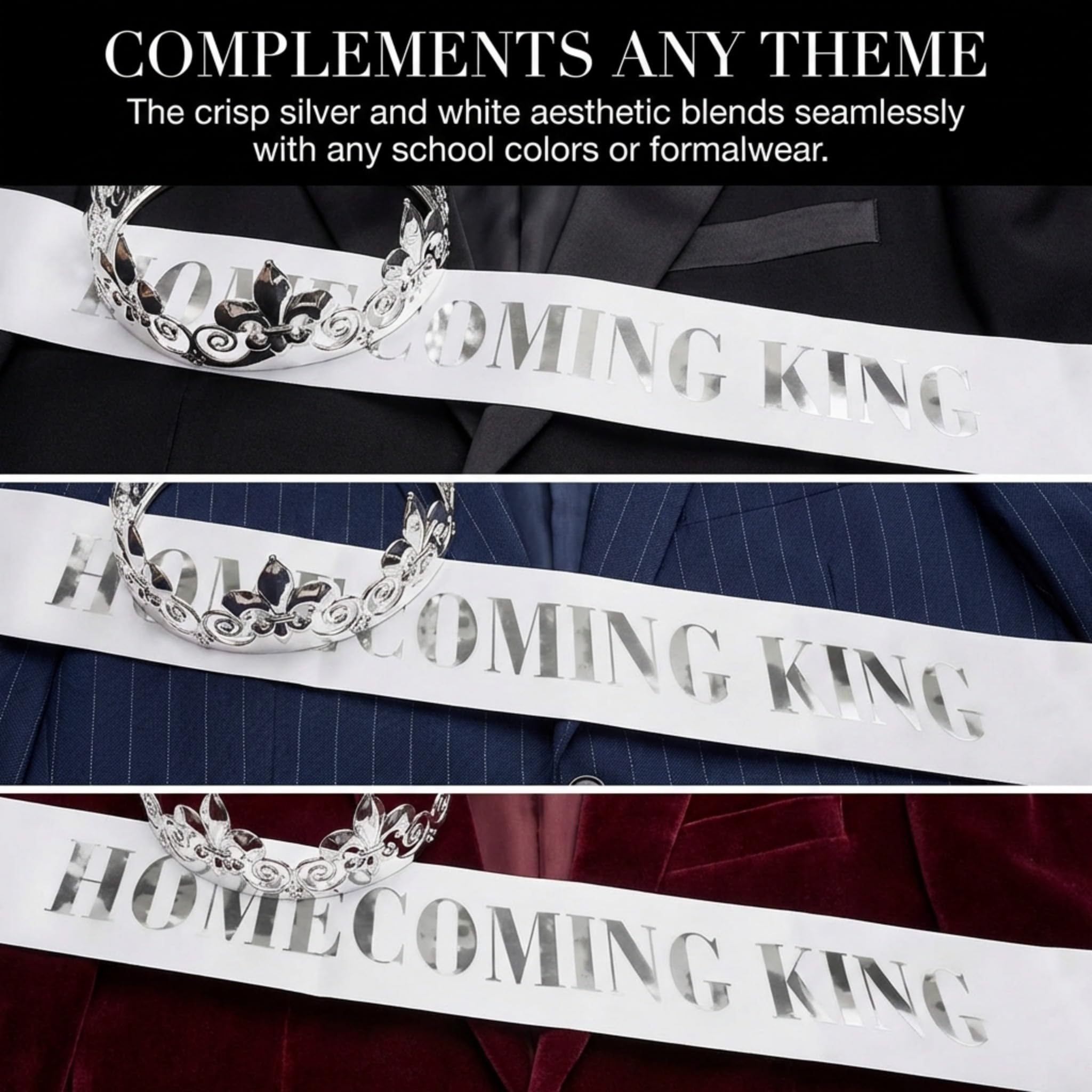 Anderson’s Homecoming King Silver Crown & White Sash Set, 2.25" Silver Fleur-de-Lis Crown & 3" x 72" White Sash with Silver Metallic Lettering for Homecoming Coronation & Formal Events, 2 Piece Set - Image 7