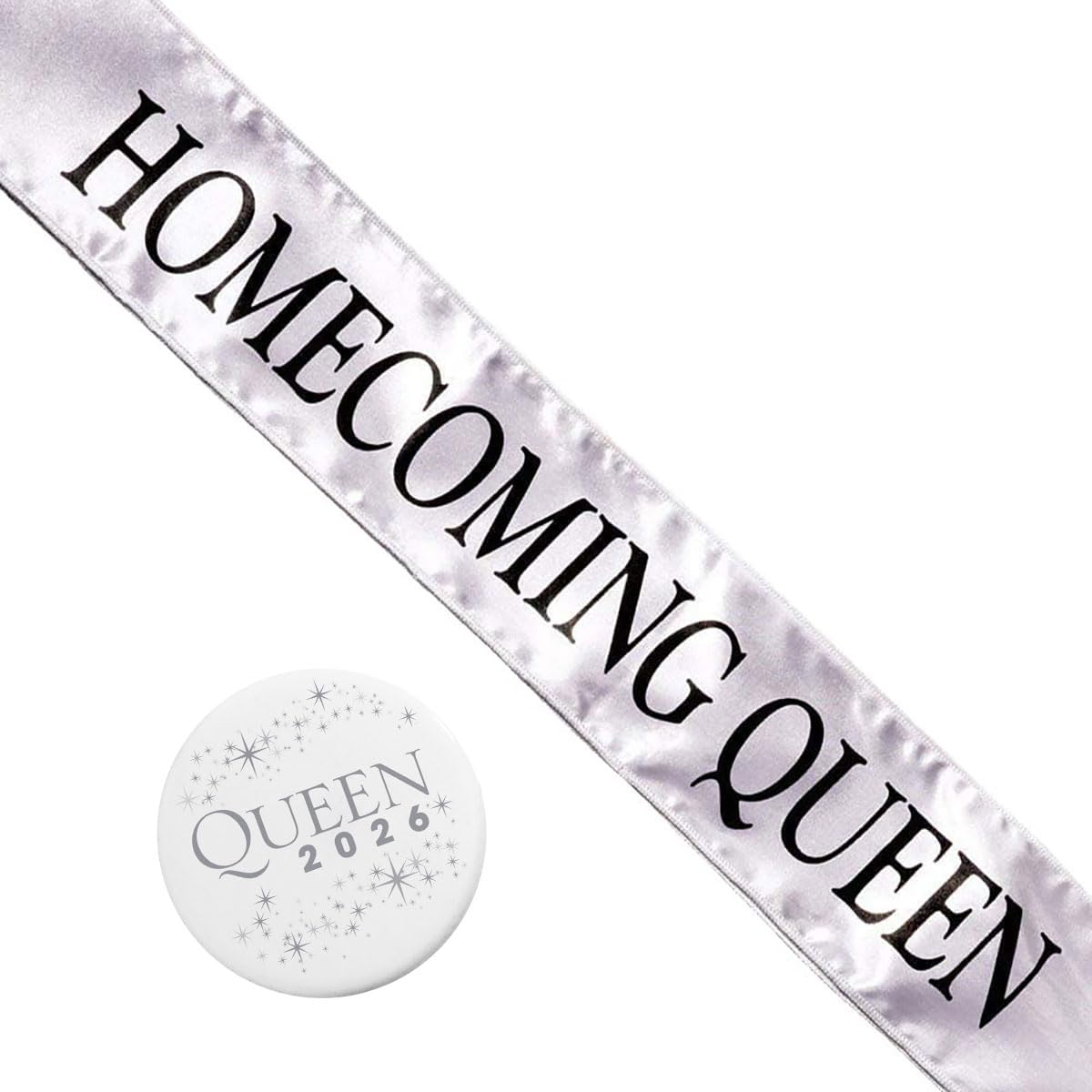 Anderson’s Homecoming Queen 2026 Court Set with Silver & Black Satin Sash, White Keepsake Button, High School Sash and Button for Homecoming Court, School Dance, Parade, Costume, Event, 2 Piece Set