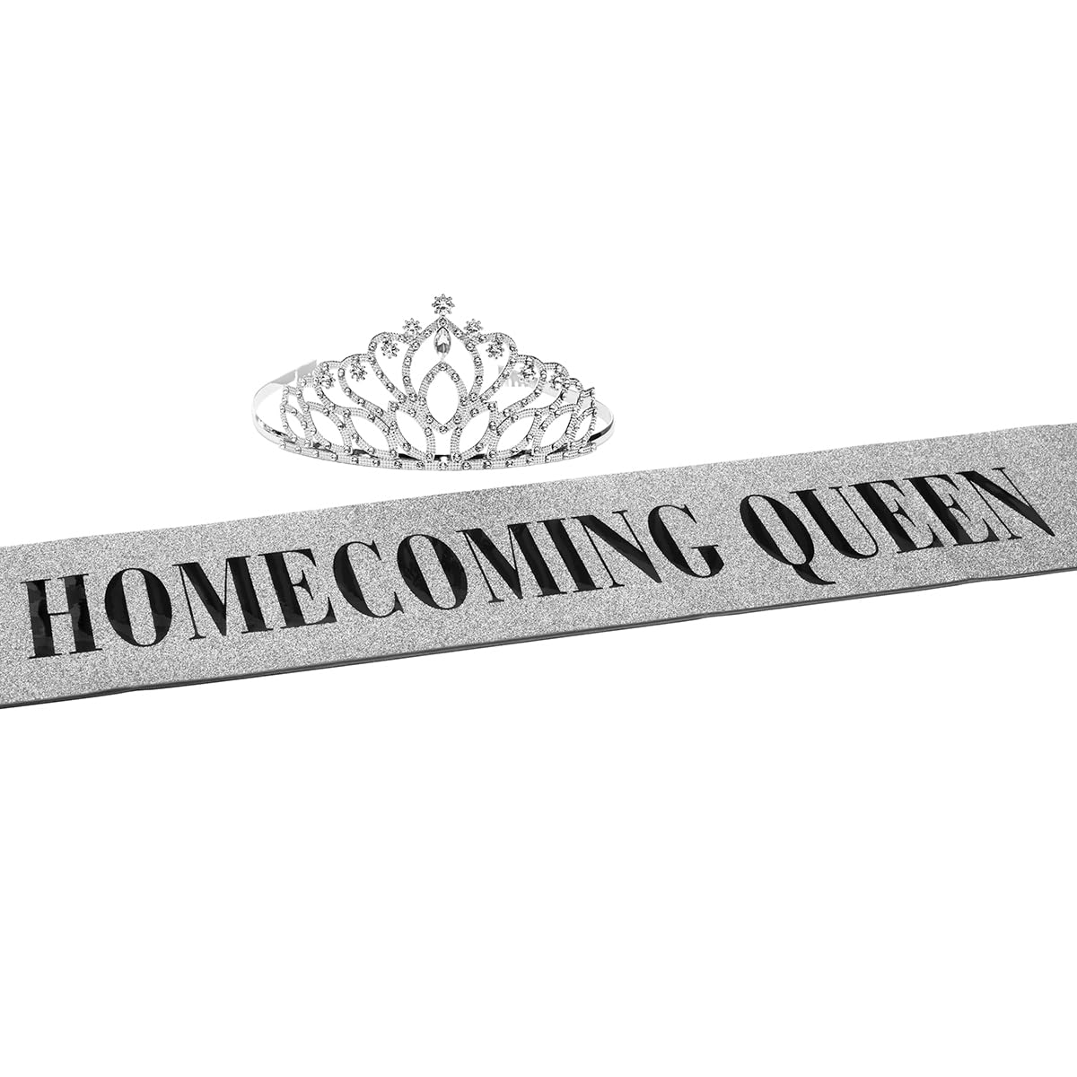 Anderson's Homecoming Queen Taylor Tiara &Silver Glitter Sash Set, Black Lettering, Sparkling Coronation Accessories & 3" x 72" Homecoming Queen Glitter Sash for Homecoming Coronation, 2‑Piece Set