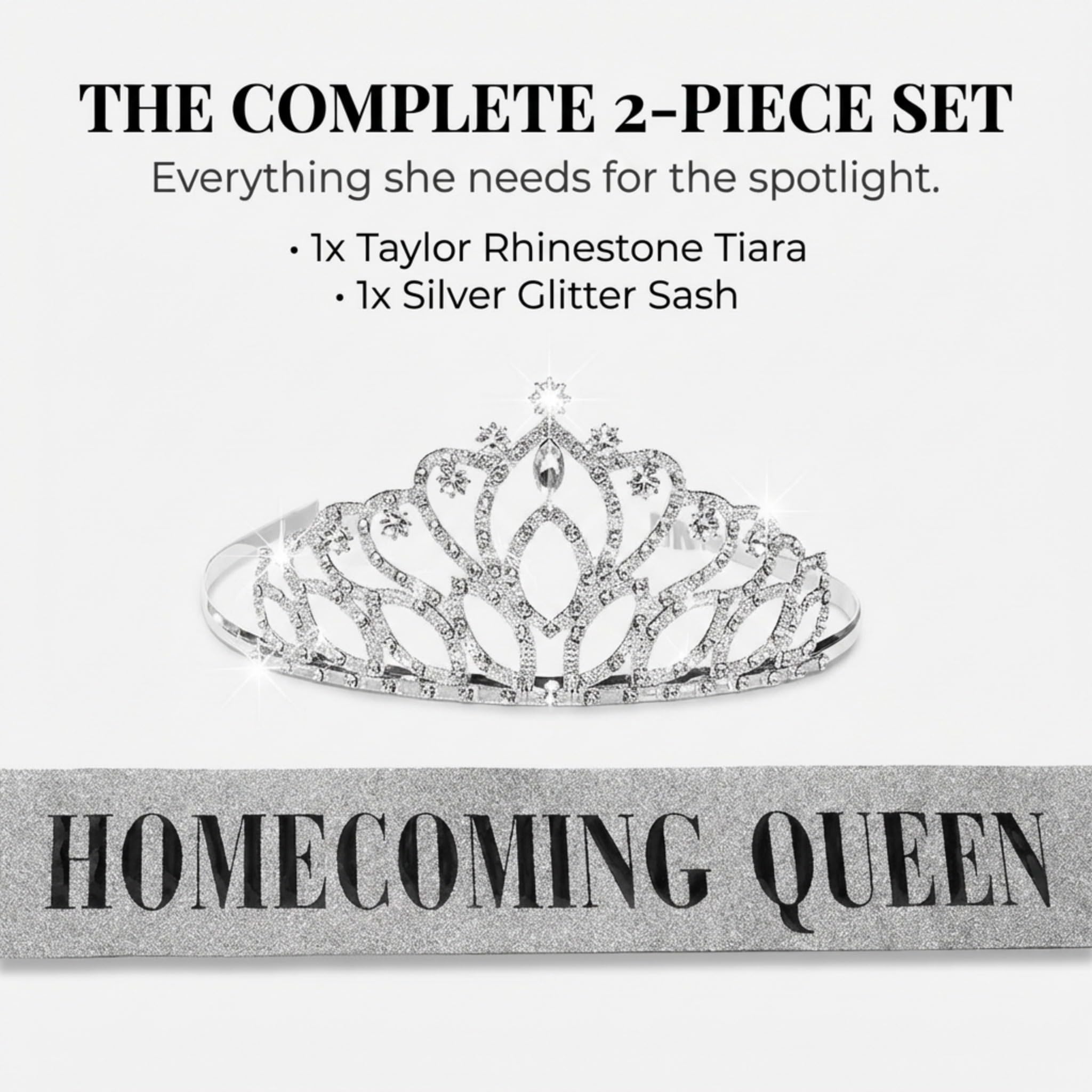 Anderson's Homecoming Queen Taylor Tiara &Silver Glitter Sash Set, Black Lettering, Sparkling Coronation Accessories & 3" x 72" Homecoming Queen Glitter Sash for Homecoming Coronation, 2‑Piece Set - Image 3