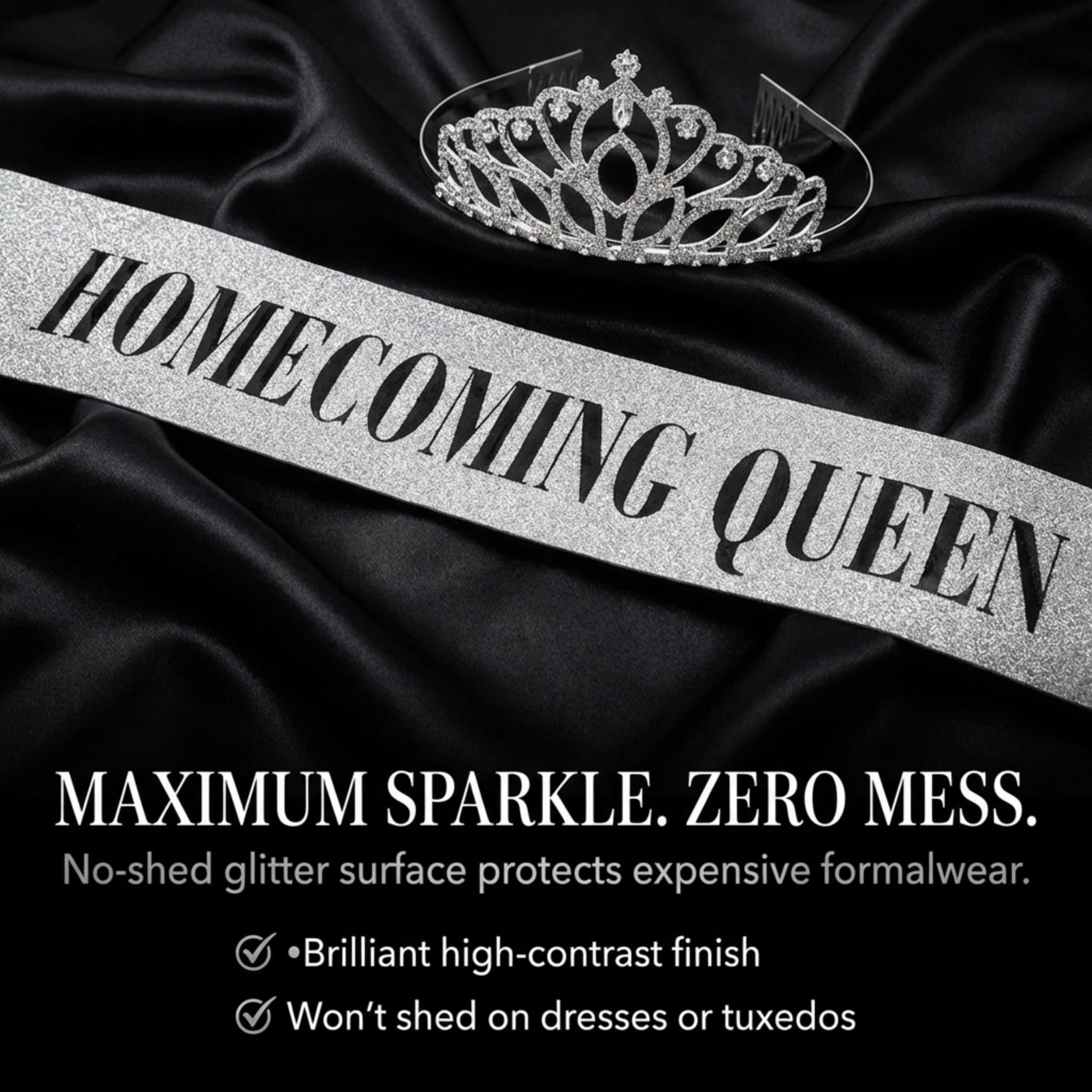 Anderson's Homecoming Queen Taylor Tiara &Silver Glitter Sash Set, Black Lettering, Sparkling Coronation Accessories & 3" x 72" Homecoming Queen Glitter Sash for Homecoming Coronation, 2‑Piece Set - Image 4