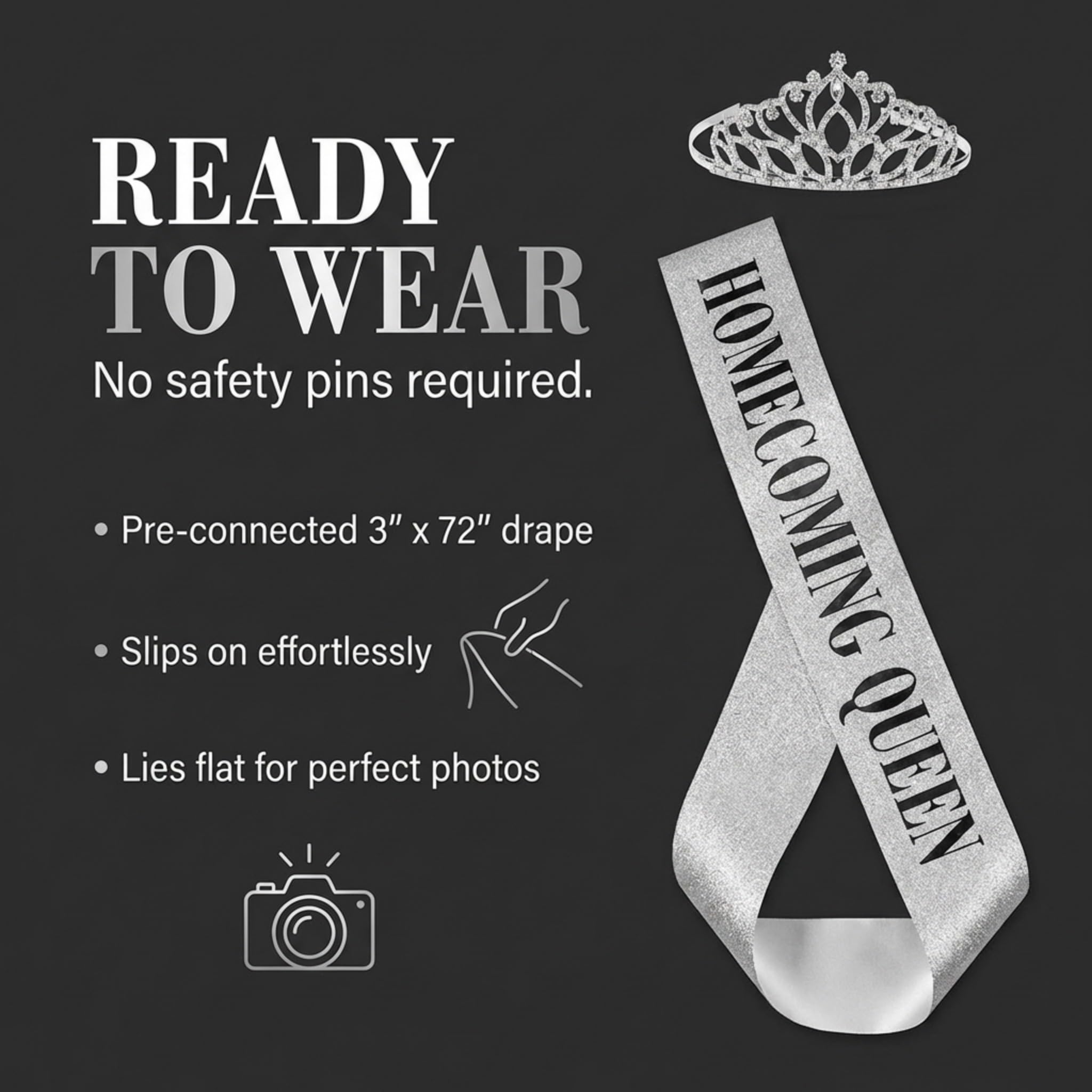 Anderson's Homecoming Queen Taylor Tiara &Silver Glitter Sash Set, Black Lettering, Sparkling Coronation Accessories & 3" x 72" Homecoming Queen Glitter Sash for Homecoming Coronation, 2‑Piece Set - Image 5