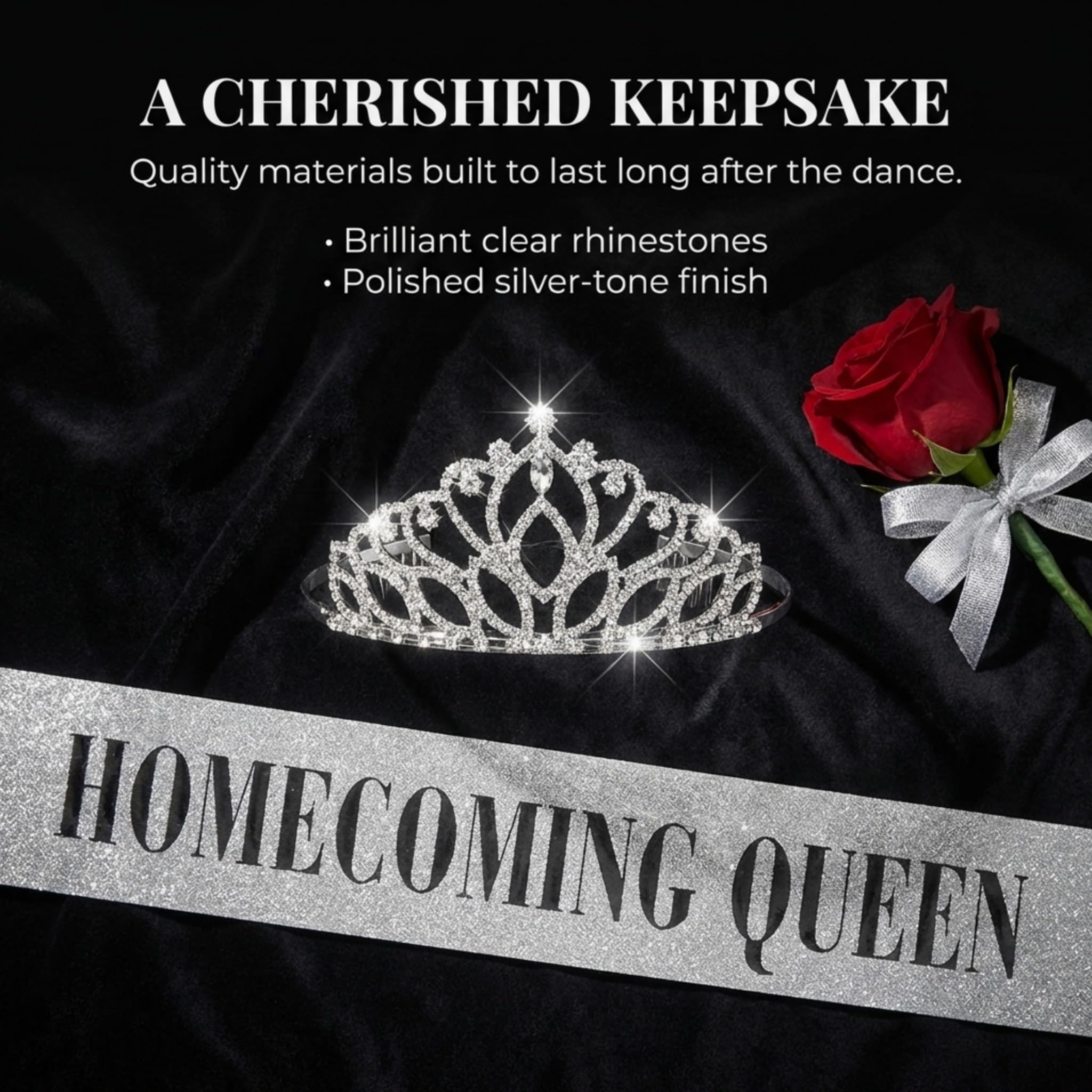 Anderson's Homecoming Queen Taylor Tiara &Silver Glitter Sash Set, Black Lettering, Sparkling Coronation Accessories & 3" x 72" Homecoming Queen Glitter Sash for Homecoming Coronation, 2‑Piece Set - Image 6
