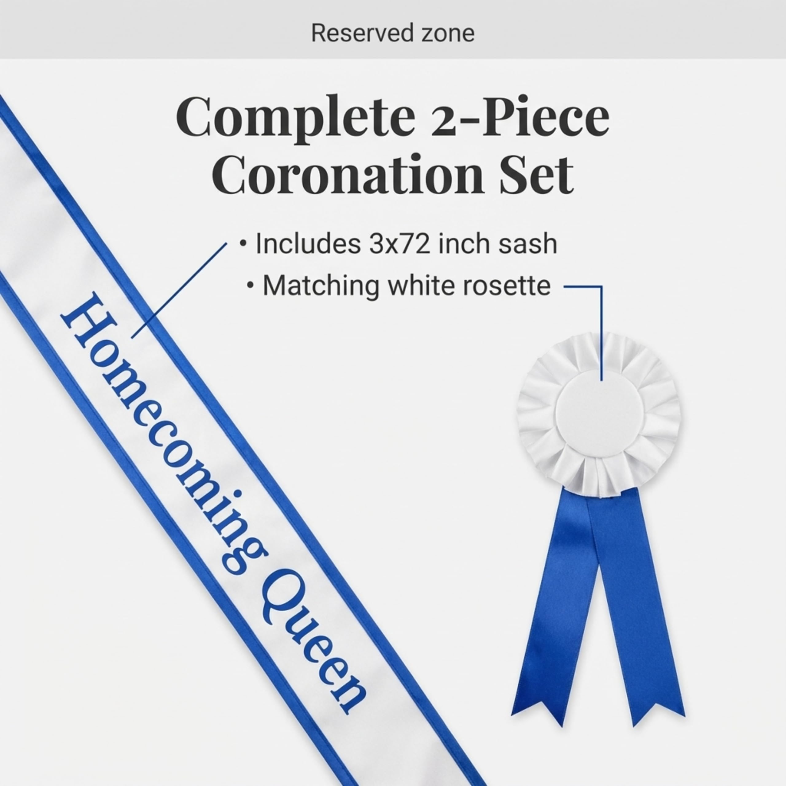 Anderson's Homecoming Queen White Satin Sash and Rosette Set, Metallic Blue Lettering, Elegant Coronation Accessories and 3" x 72" Homecoming Queen Sash for Homecoming Coronation, 2 Piece Set - Image 3