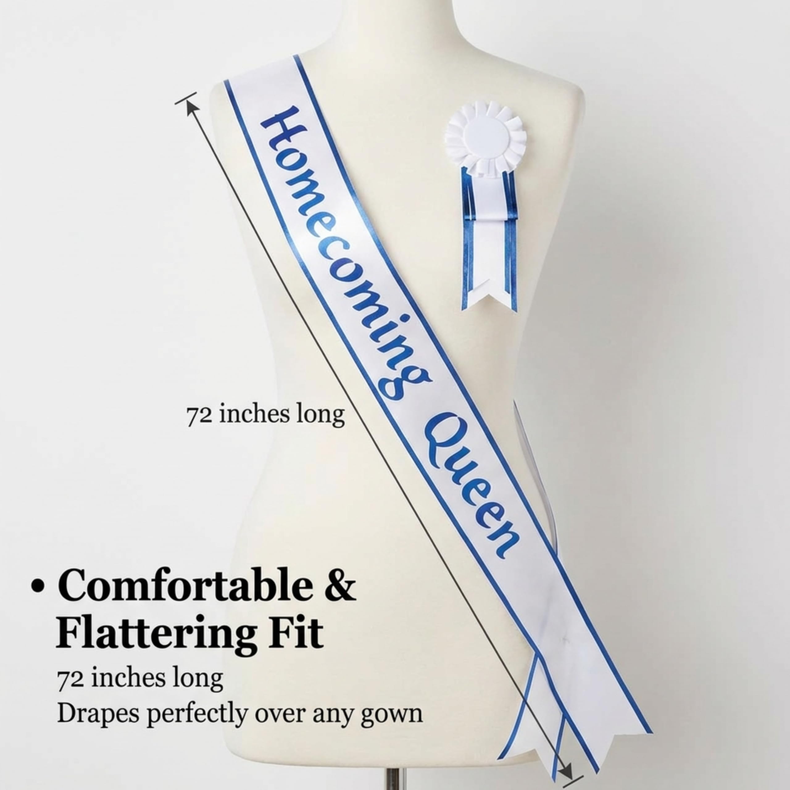 Anderson's Homecoming Queen White Satin Sash and Rosette Set, Metallic Blue Lettering, Elegant Coronation Accessories and 3" x 72" Homecoming Queen Sash for Homecoming Coronation, 2 Piece Set - Image 4