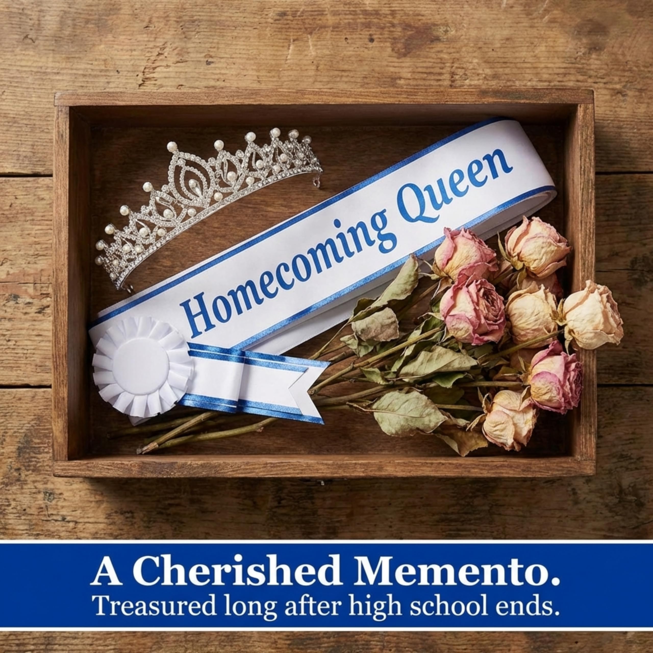 Anderson's Homecoming Queen White Satin Sash and Rosette Set, Metallic Blue Lettering, Elegant Coronation Accessories and 3" x 72" Homecoming Queen Sash for Homecoming Coronation, 2 Piece Set - Image 5